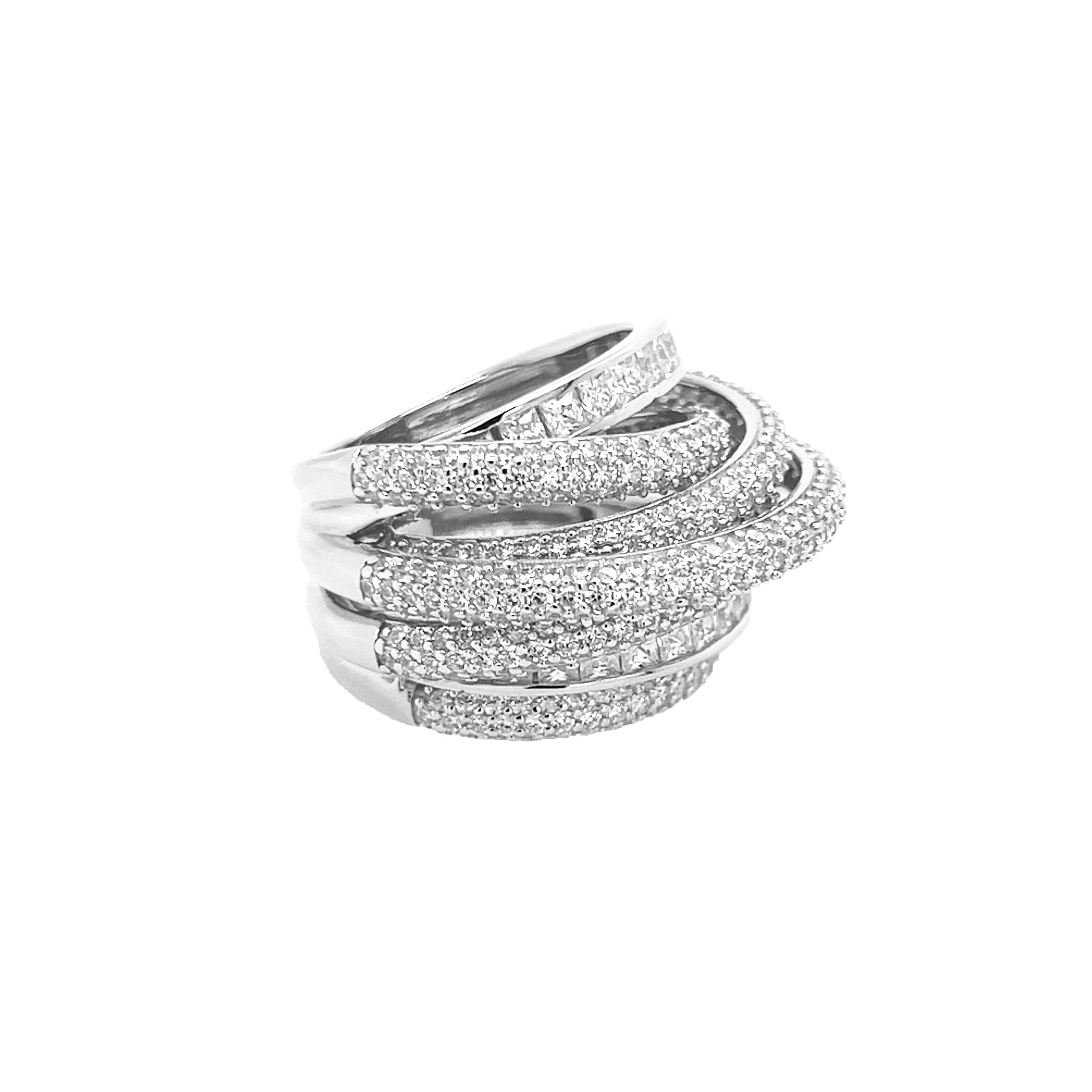 CZ Multi-Band Ring
Elevate your collection with our Multi Band Ring, featuring a crisscross design adorned with sparkling cubic zirconia stones. This staple piece effortlessly combines elegance and modern style, making it perfect for both everyday wear and special occasions.
White Gold Plated Over Silver
0.75" Wide