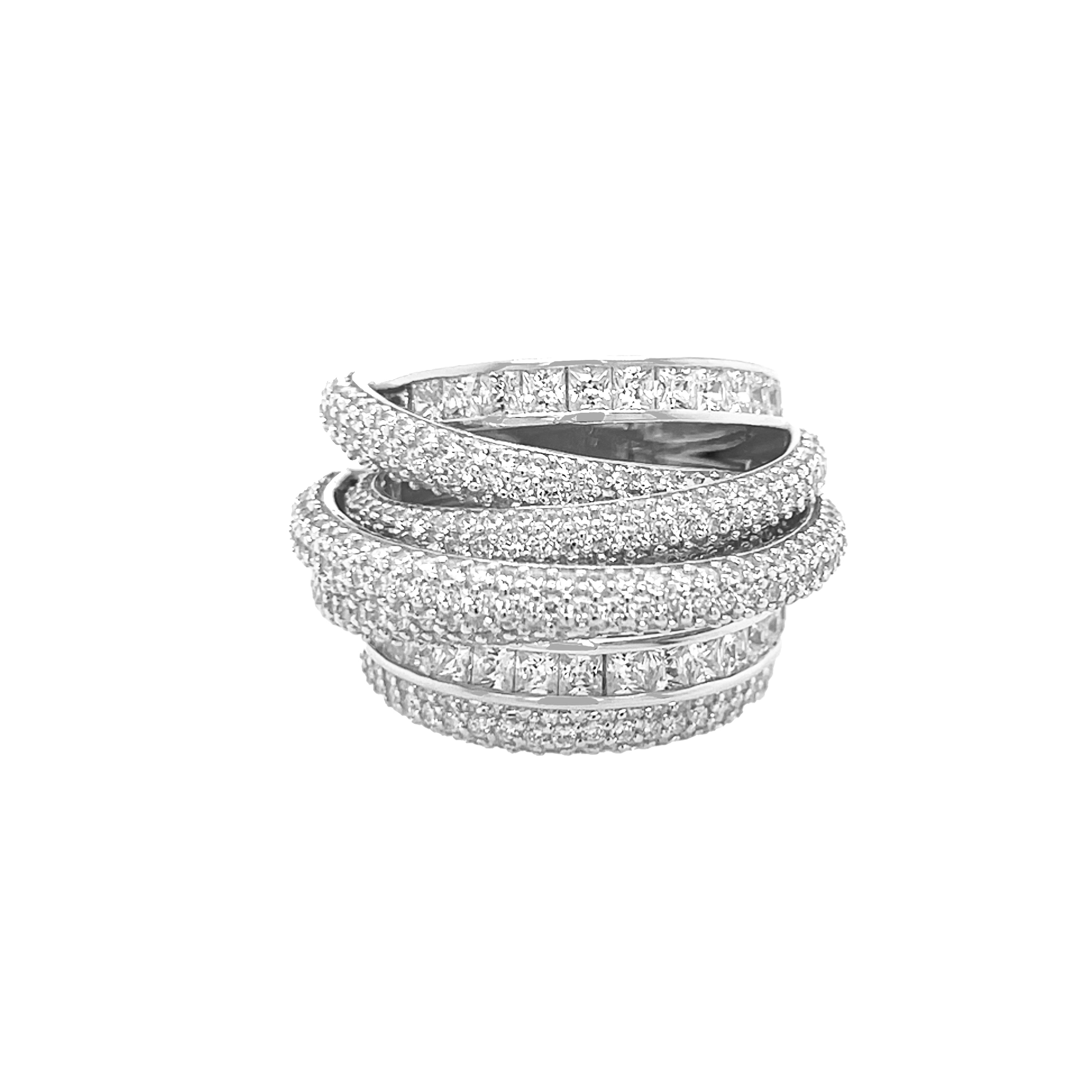 CZ Multi-Band Ring
Elevate your collection with our Multi Band Ring, featuring a crisscross design adorned with sparkling cubic zirconia stones. This staple piece effortlessly combines elegance and modern style, making it perfect for both everyday wear and special occasions.
White Gold Plated Over Silver
0.75" Wide