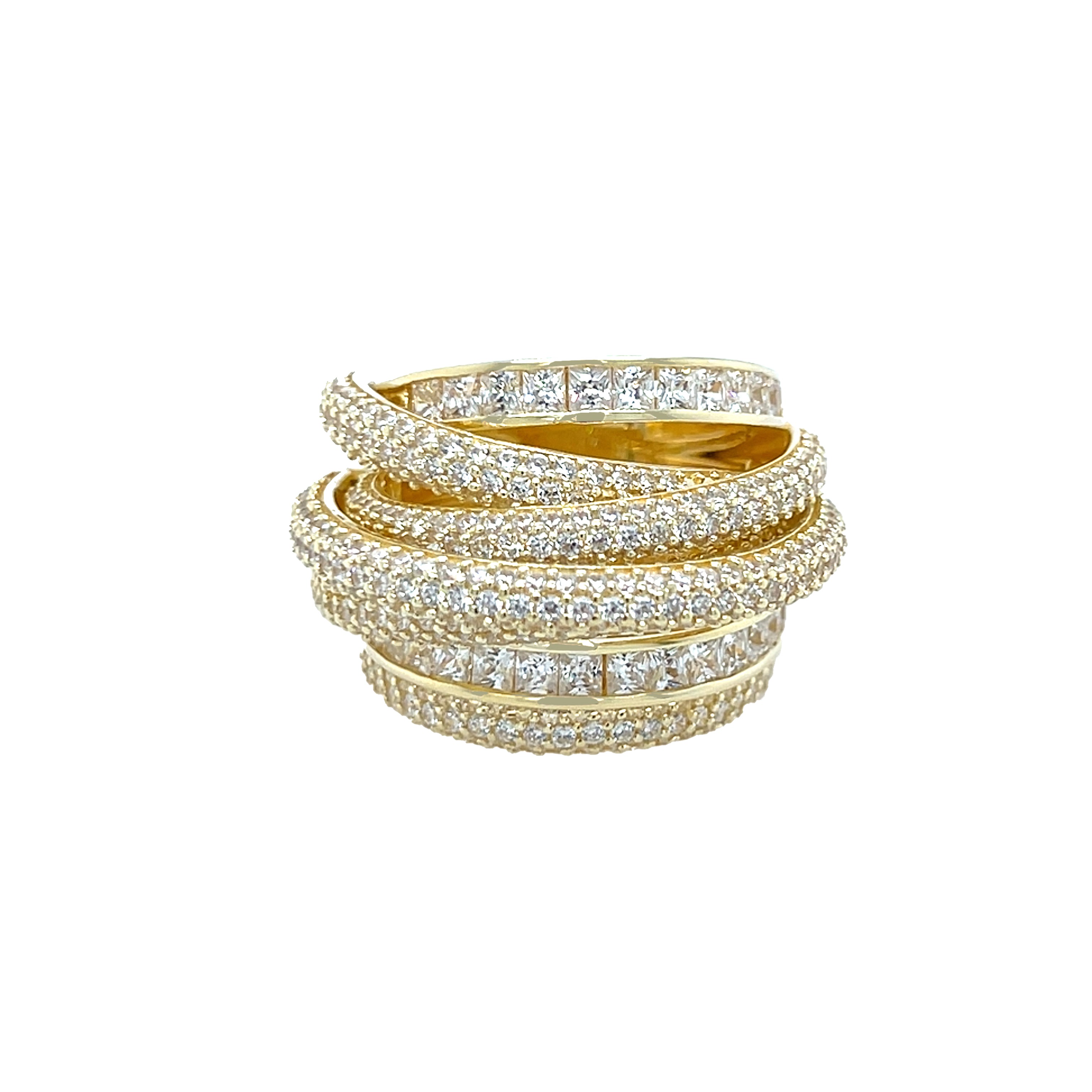 CZ Multi-Band Ring
Elevate your collection with our Multi Band Ring, featuring a crisscross design adorned with sparkling cubic zirconia stones. This staple piece effortlessly combines elegance and modern style, making it perfect for both everyday wear and special occasions.
Yellow Gold Plated Over Silver
0.75" Wide