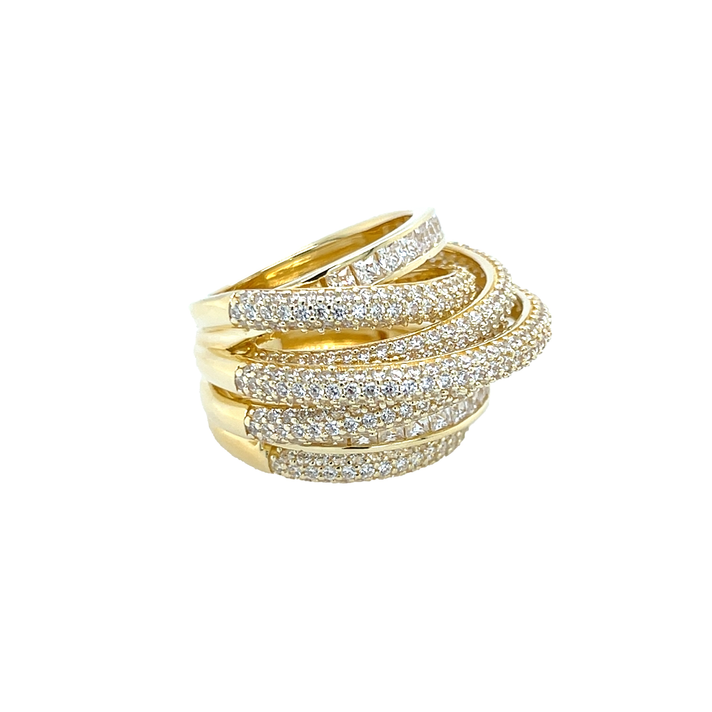 CZ Multi-Band Ring
Elevate your collection with our Multi Band Ring, featuring a crisscross design adorned with sparkling cubic zirconia stones. This staple piece effortlessly combines elegance and modern style, making it perfect for both everyday wear and special occasions.
Yellow Gold Plated Over Silver
0.75" Wide