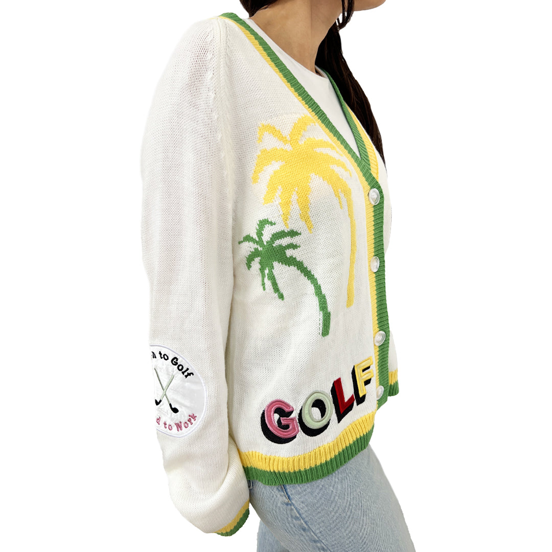 Cream Golf Cardigan Sweater
This classic golf cardigan is the perfect touch of layer. A relaxed-fit cardigan in cream, with embroidered golf patches and contrast trim, is great for laid-back days or a touch of preppy flair. It pairs effortlessly with jeans or layers over a dress, making it an easy, versatile choice for any casual outing or a day at the golf course. 
Relaxed Fit
Runs true-to-size
Hand Wash Cold Separately
100% Acrylic