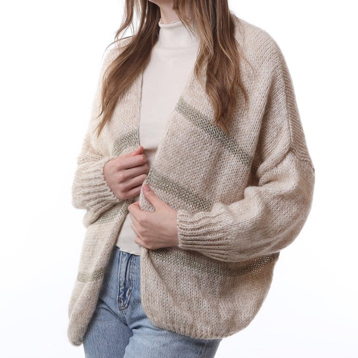 Beige Gold Striped Open Sweater Cardigan
One Size