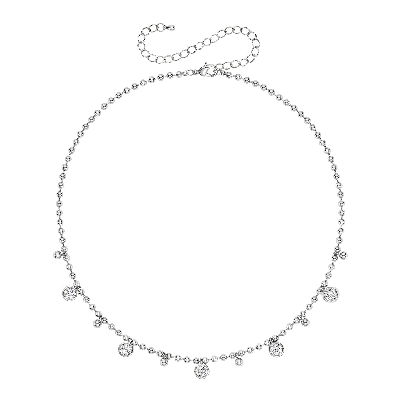 Dangling Bezel Ball Chain Necklace
14K White Gold Plated
Adjustable- Can be worn 16.5-20.5"
5 Bezel-set High Intensity 6 mm CZ, or 0.75 Ct Equivalent
3.3 mm Ball Chain
12mm x 6mm Lobster Trigger Clasp
