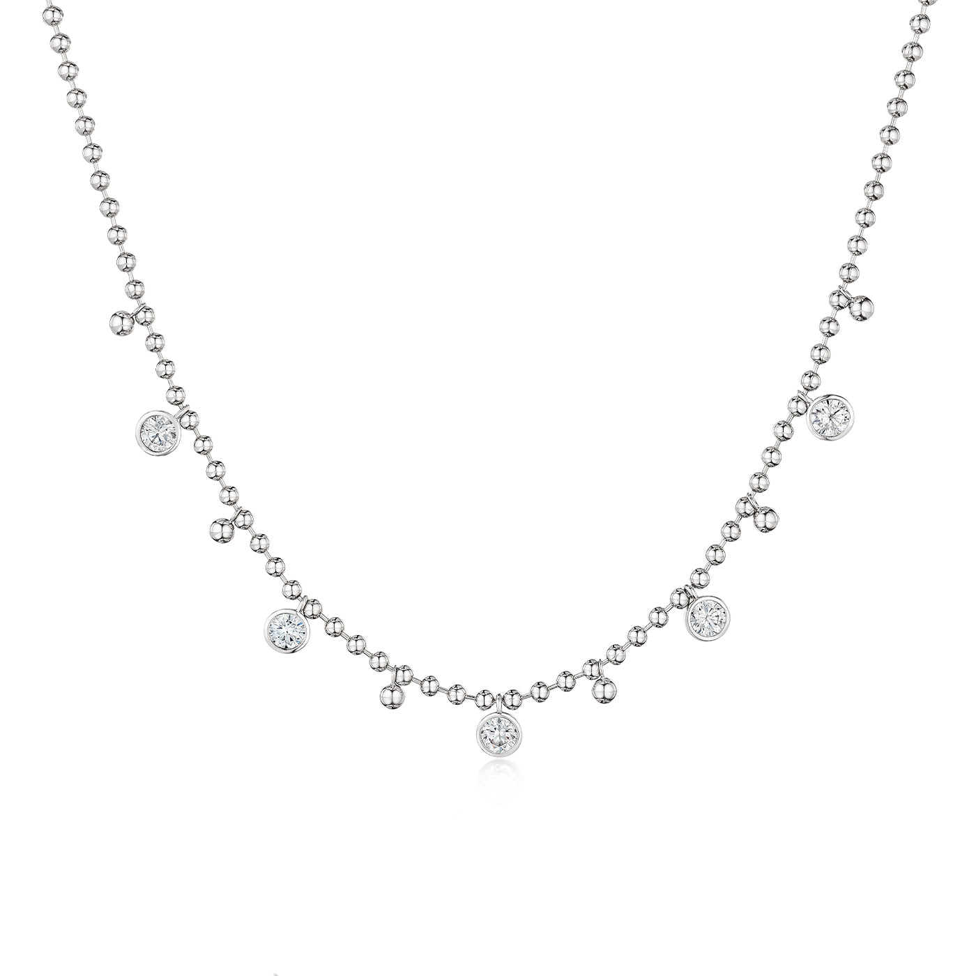 Dangling Bezel Ball Chain Necklace
14K White Gold Plated
Adjustable- Can be worn 16.5-20.5"
5 Bezel-set High Intensity 6 mm CZ, or 0.75 Ct Equivalent
3.3 mm Ball Chain
12mm x 6mm Lobster Trigger Clasp