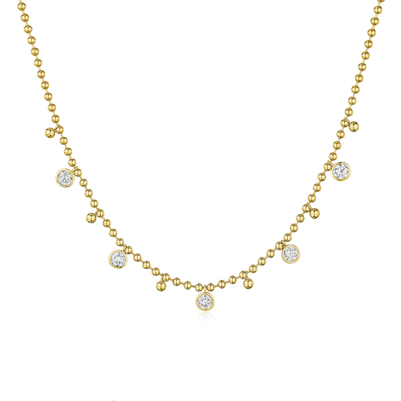 Dangling Bezel Ball Chain Necklace
14K Yellow Gold Plated
Adjustable- Can be worn 16.5-20.5"
5 Bezel-set High Intensity 6 mm CZ, or 0.75 Ct Equivalent
3.3 mm Ball Chain
12mm x 6mm Lobster Trigger Clasp