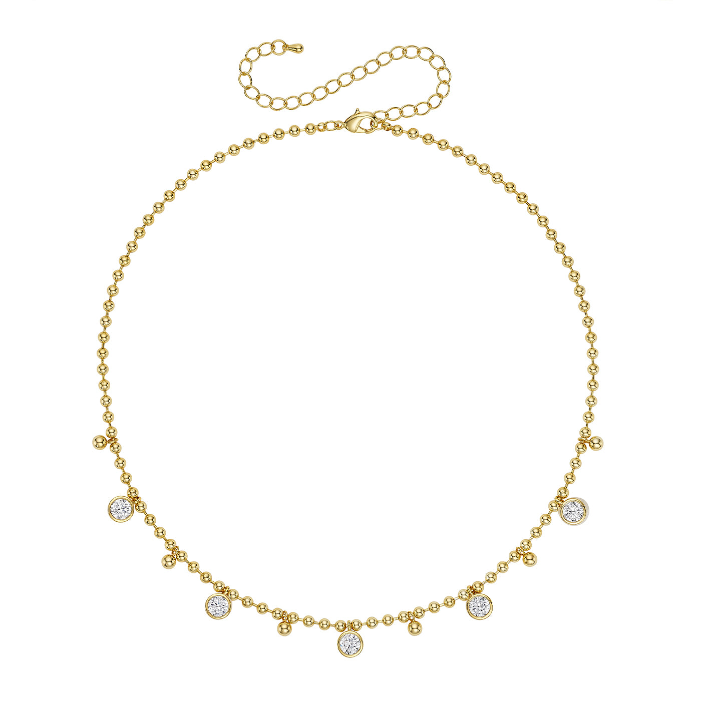 Dangling Bezel Ball Chain Necklace
14K Yellow Gold Plated
Adjustable- Can be worn 16.5-20.5"
5 Bezel-set High Intensity 6 mm CZ, or 0.75 Ct Equivalent
3.3 mm Ball Chain
12mm x 6mm Lobster Trigger Clasp
