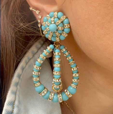 Open Concentric Turquoise Teardrop Earrings with Gold & Crystal Rondelles Yellow Gold Plated 3.0" Length X 1.5" Width As worn by Tamron Hall on The Tamron Hall Show.