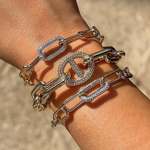 Pave CZ Paperclip Link Bracelet Yellow Gold Plated Pave Link: 0.39" Long X 0.71" Wide Plain Link: 0.28" Long X 0.66" Wide 6.5-8" Adjustable Length While supplies last. All Deals Of The Day sales are FINAL SALE.