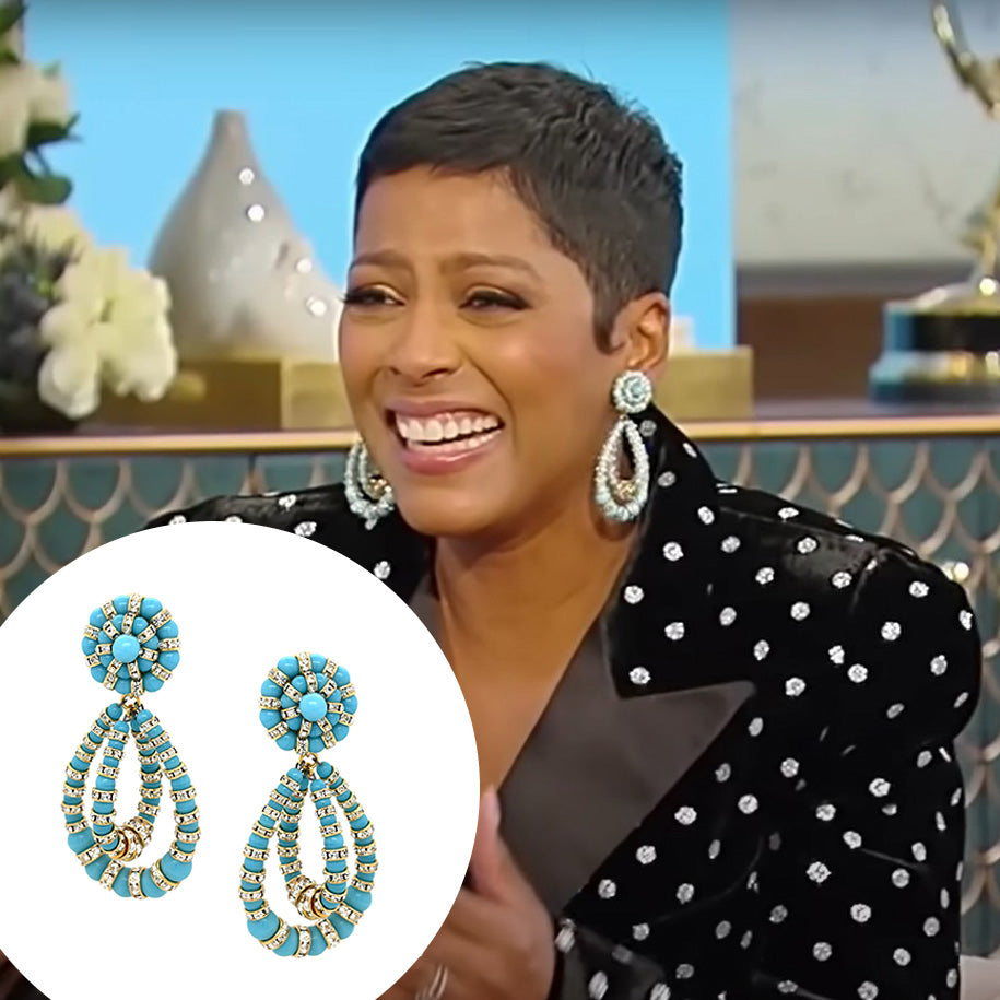 Open Concentric Turquoise Teardrop Earrings with Gold & Crystal Rondelles Yellow Gold Plated 3.0" Length X 1.5" Width As worn by Tamron Hall on The Tamron Hall Show.