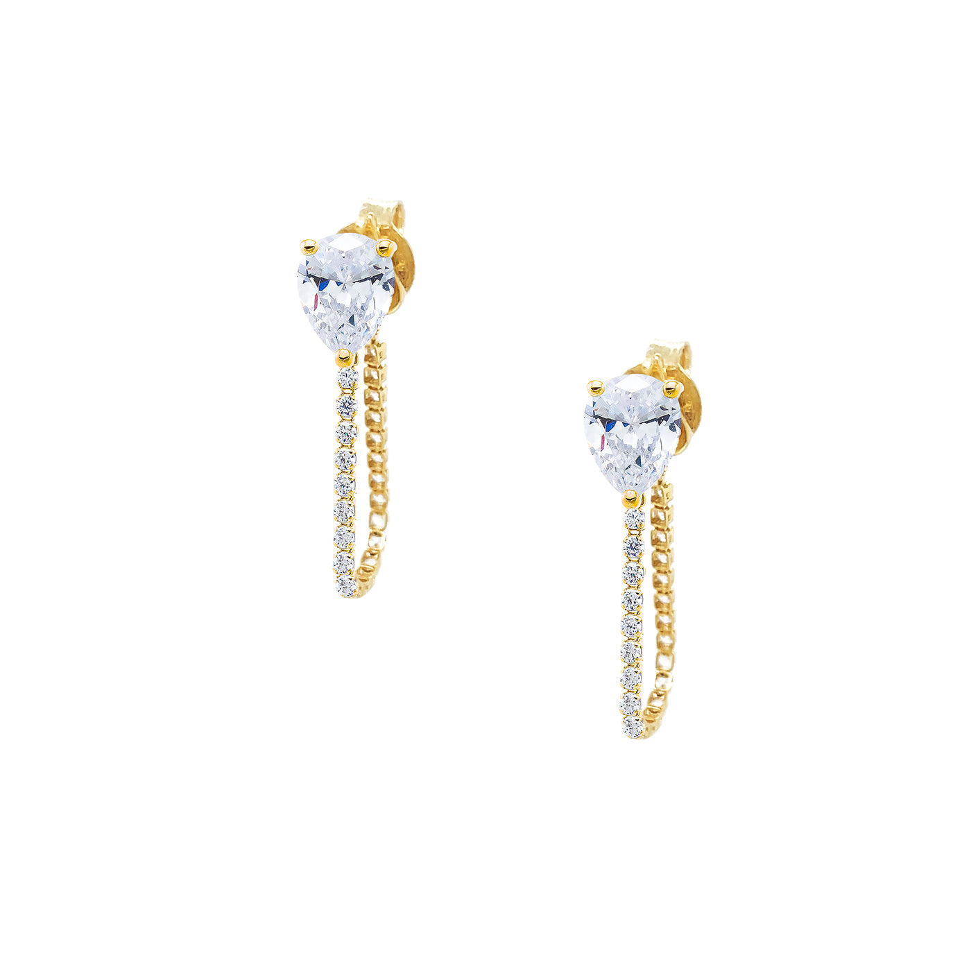 Gold hoop earrings with clear gemstones on a white background