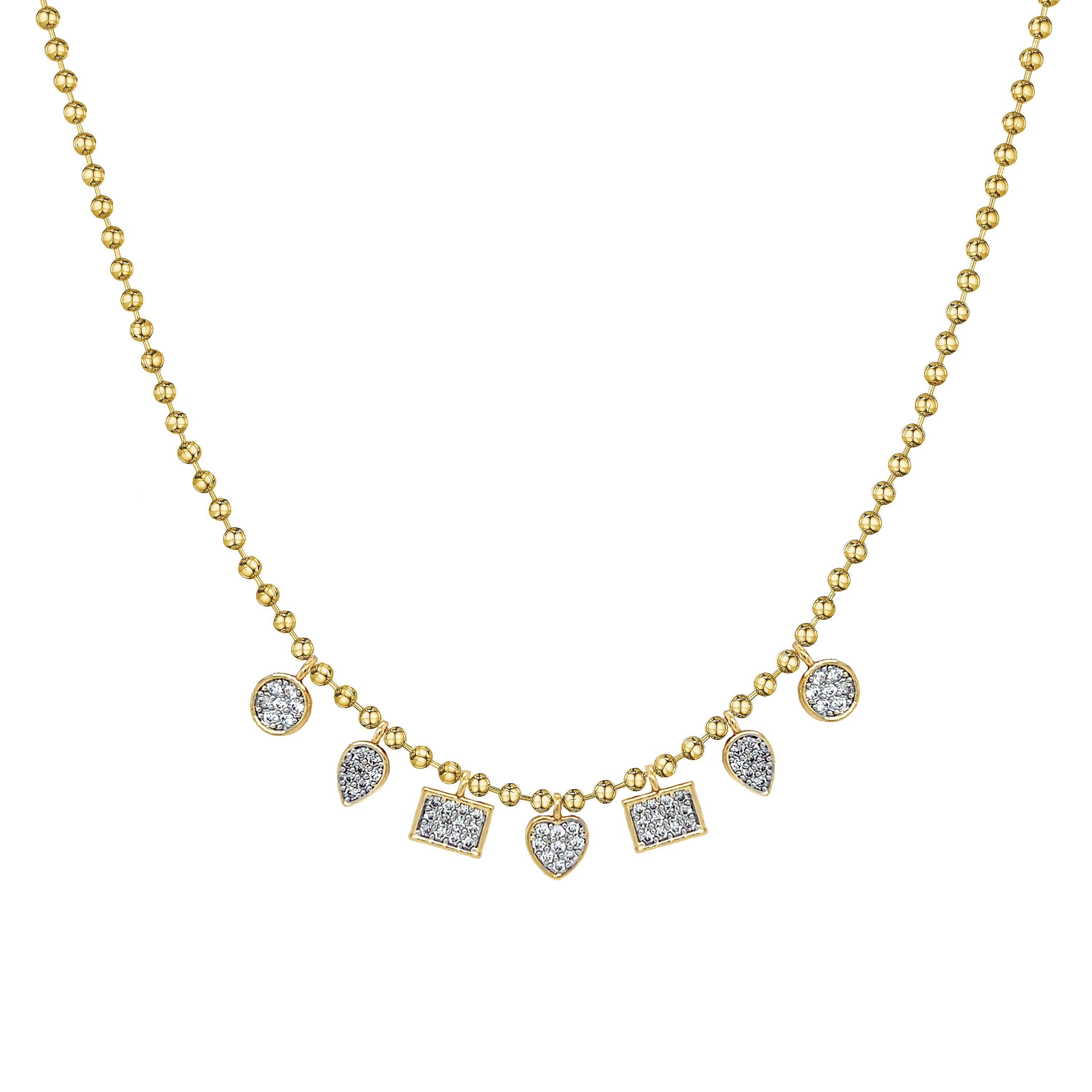 Pave Charm Ball Chain Necklace
14K Yellow Gold Plated
Adjustable- Can be worn 16.5-21"
6.5mm CZ Pave Disc Charms  
8mm x 6mm CZ Pave Pear & Square Charms 
3.3 mm Ball Chain 
12mm x 6mm Lobster Trigger Clasp