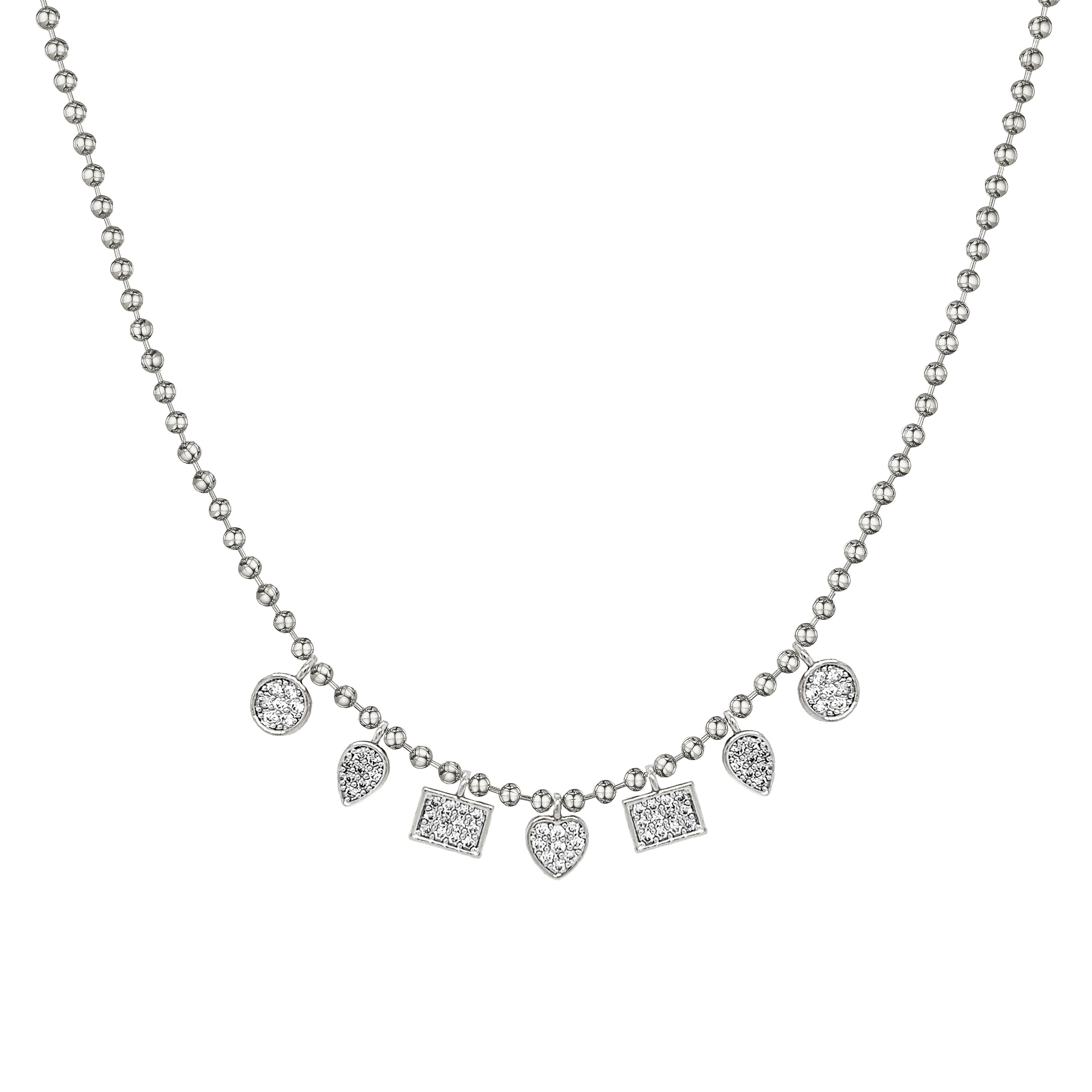 Pave Charm Ball Chain Necklace
14K White Gold Plated
Adjustable- Can be worn 16.5-20.5"
6.5mm CZ Pave Disc Charms
8mm x 6mm CZ Pave Pear & Square Charms
3.3 mm Ball Chain
12mm x 6mm Lobster Trigger Clasp