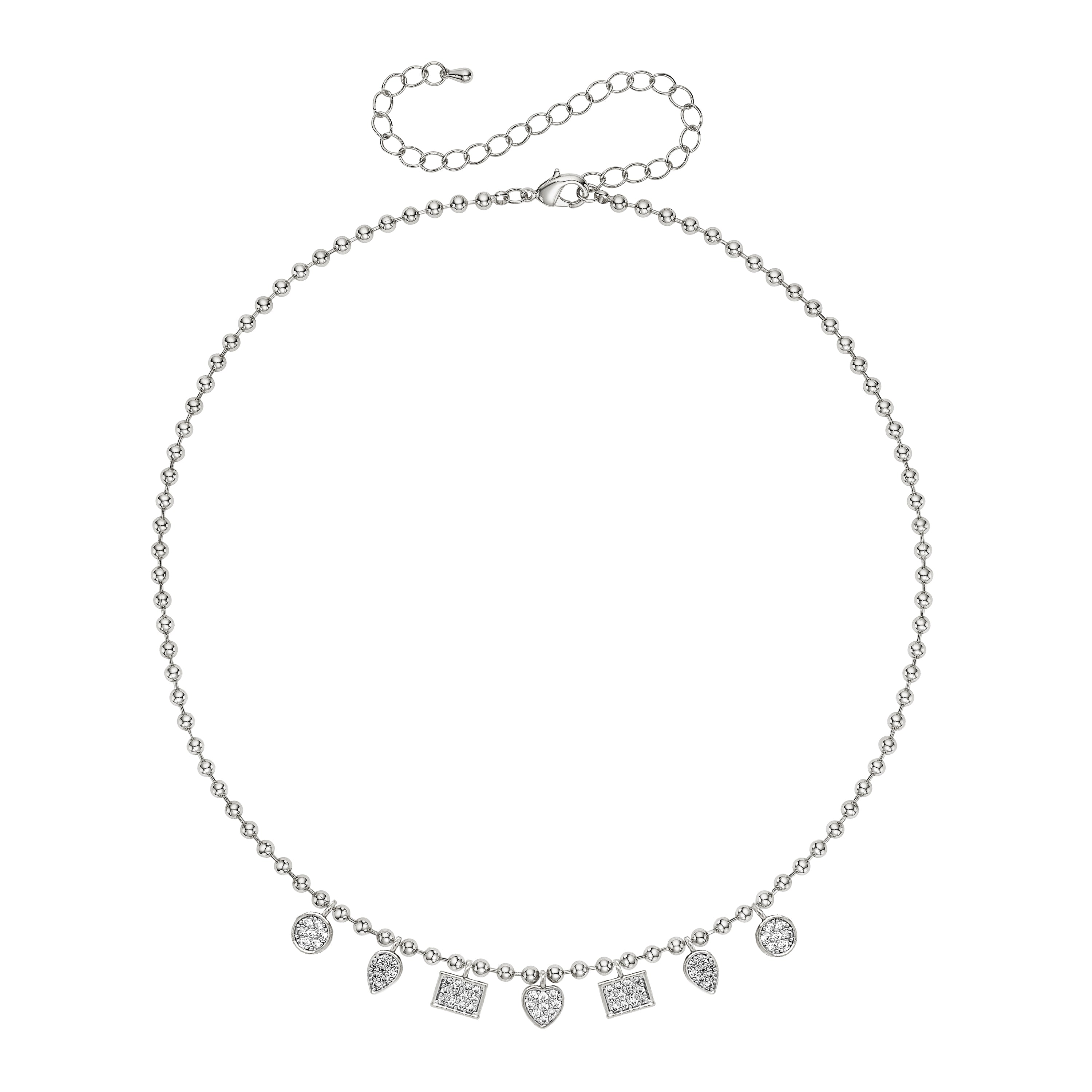 Pave Charm Ball Chain Necklace
14K White Gold Plated
Adjustable- Can be worn 16.5-20.5"
6.5mm CZ Pave Disc Charms
8mm x 6mm CZ Pave Pear & Square Charms
3.3 mm Ball Chain
12mm x 6mm Lobster Trigger Clasp