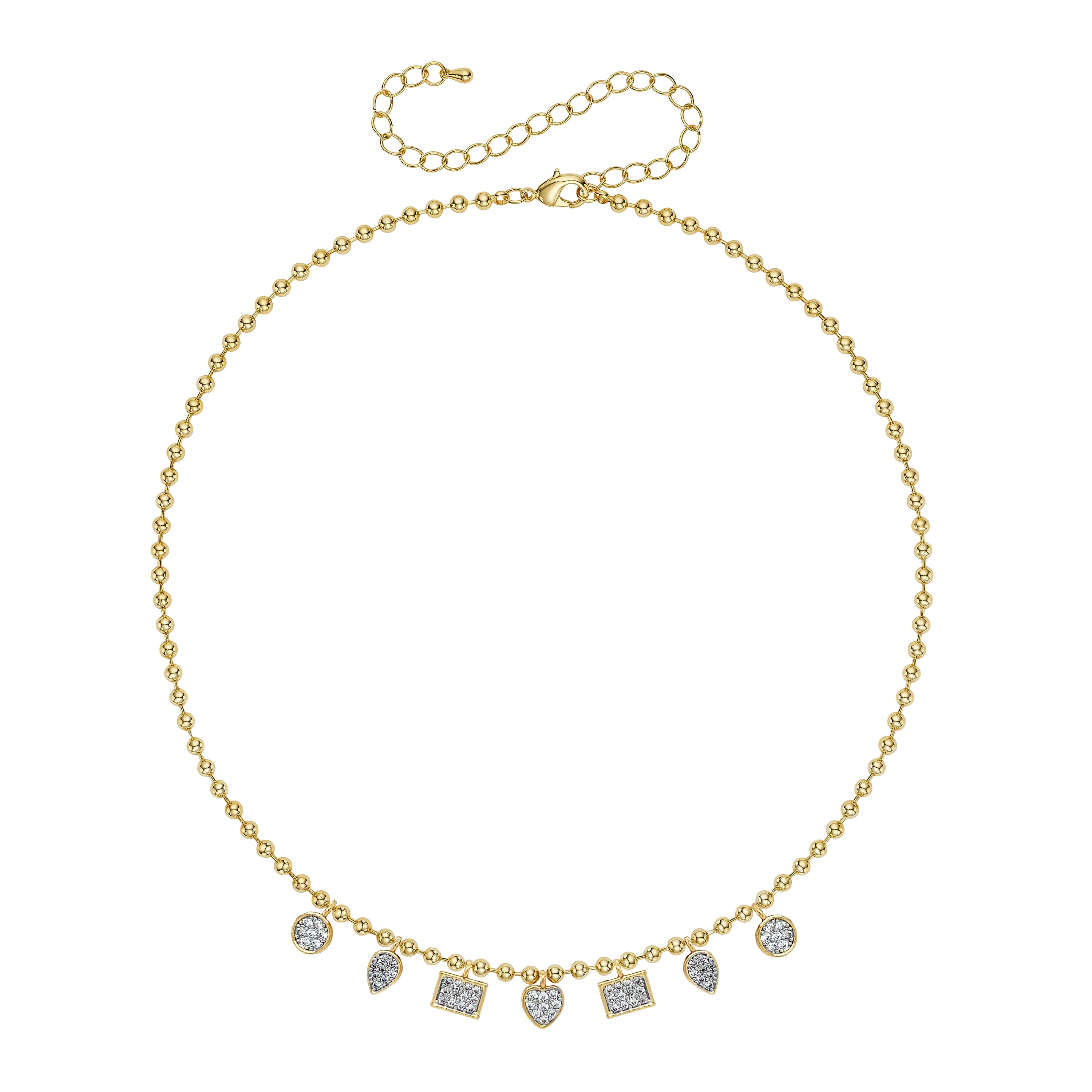 Pave Charm Ball Chain Necklace
14K Yellow Gold Plated
Adjustable- Can be worn 16.5-21"
6.5mm CZ Pave Disc Charms  
8mm x 6mm CZ Pave Pear & Square Charms 
3.3 mm Ball Chain 
12mm x 6mm Lobster Trigger Clasp