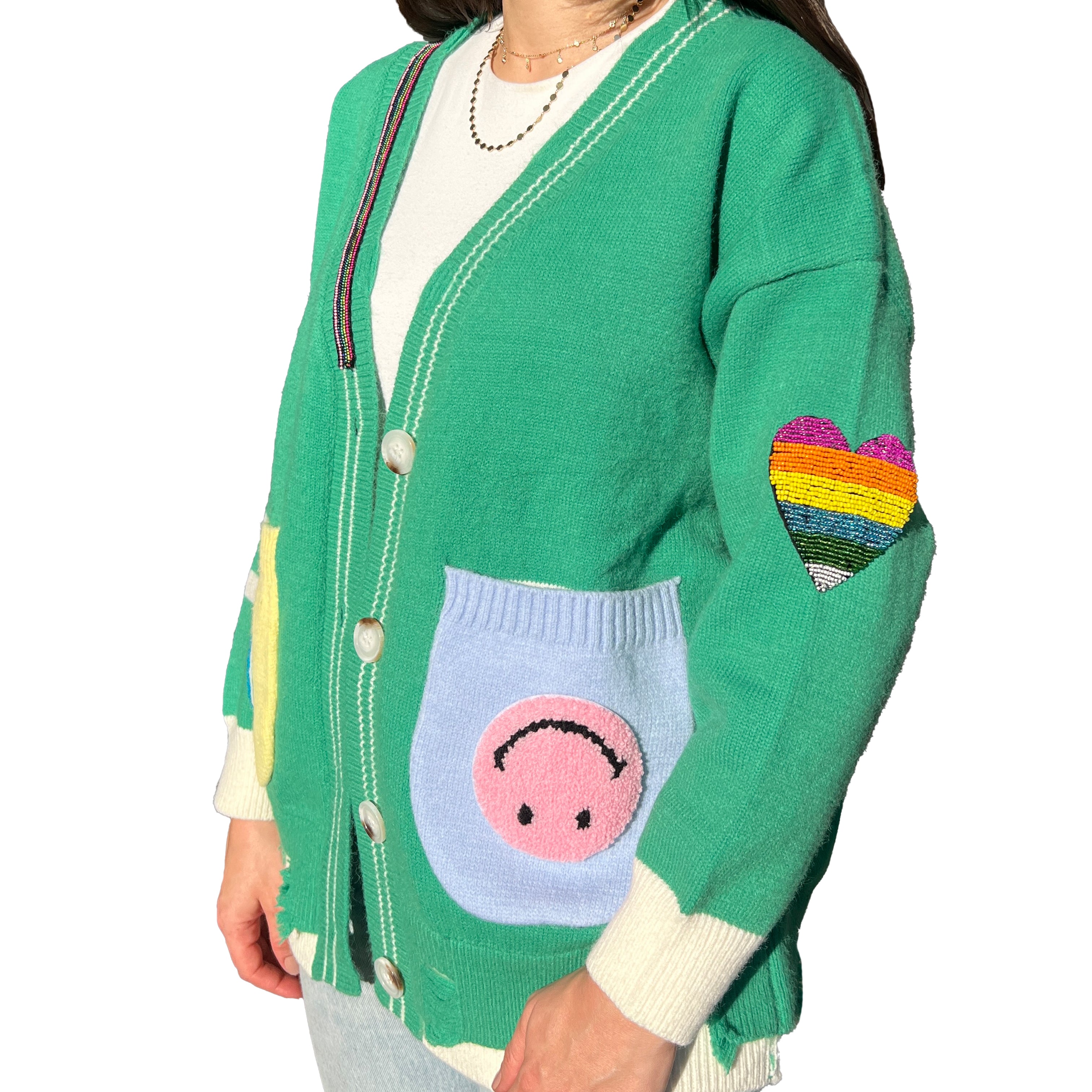 Green Patch Cardigan Sweater
One Size