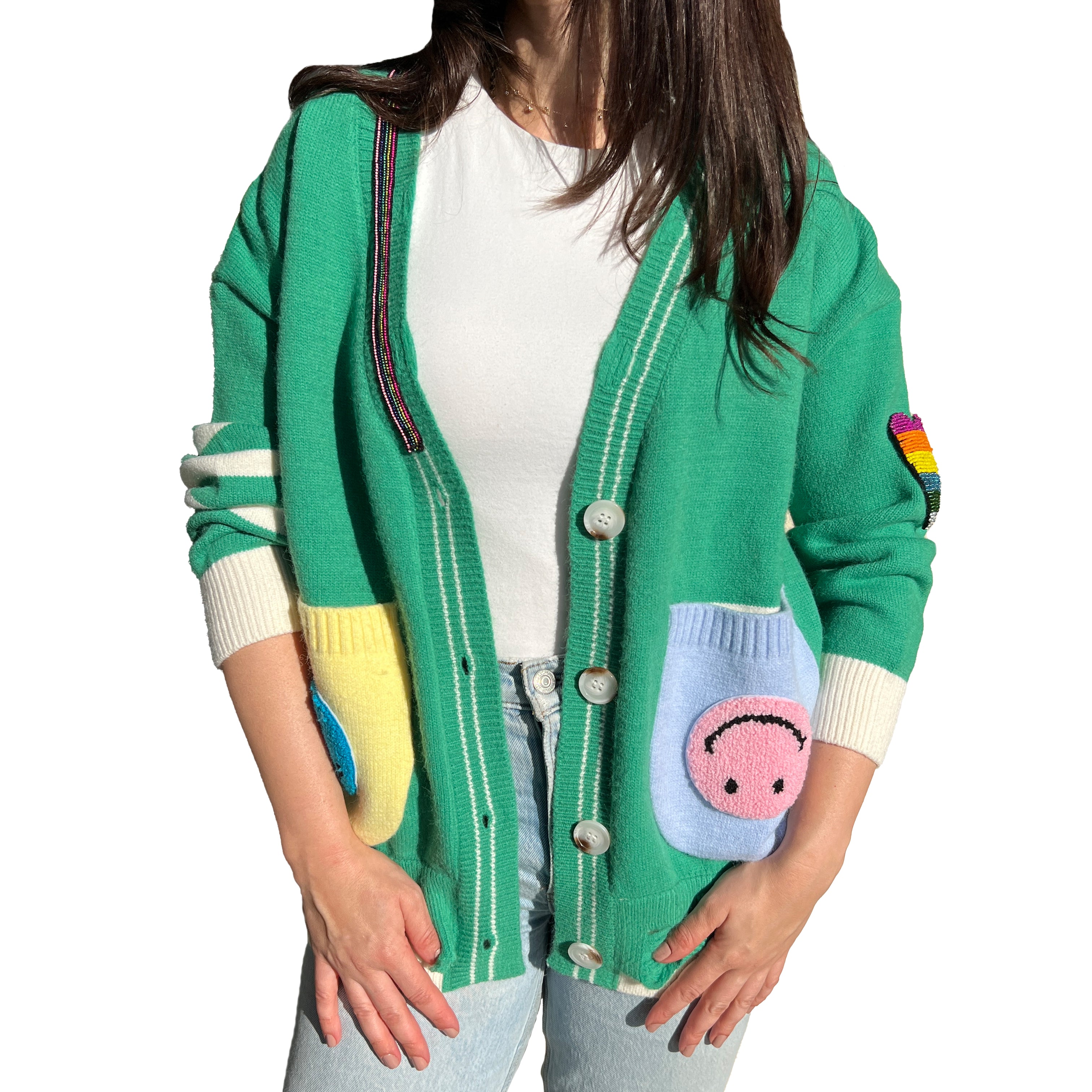 Green Patch Cardigan Sweater
One Size