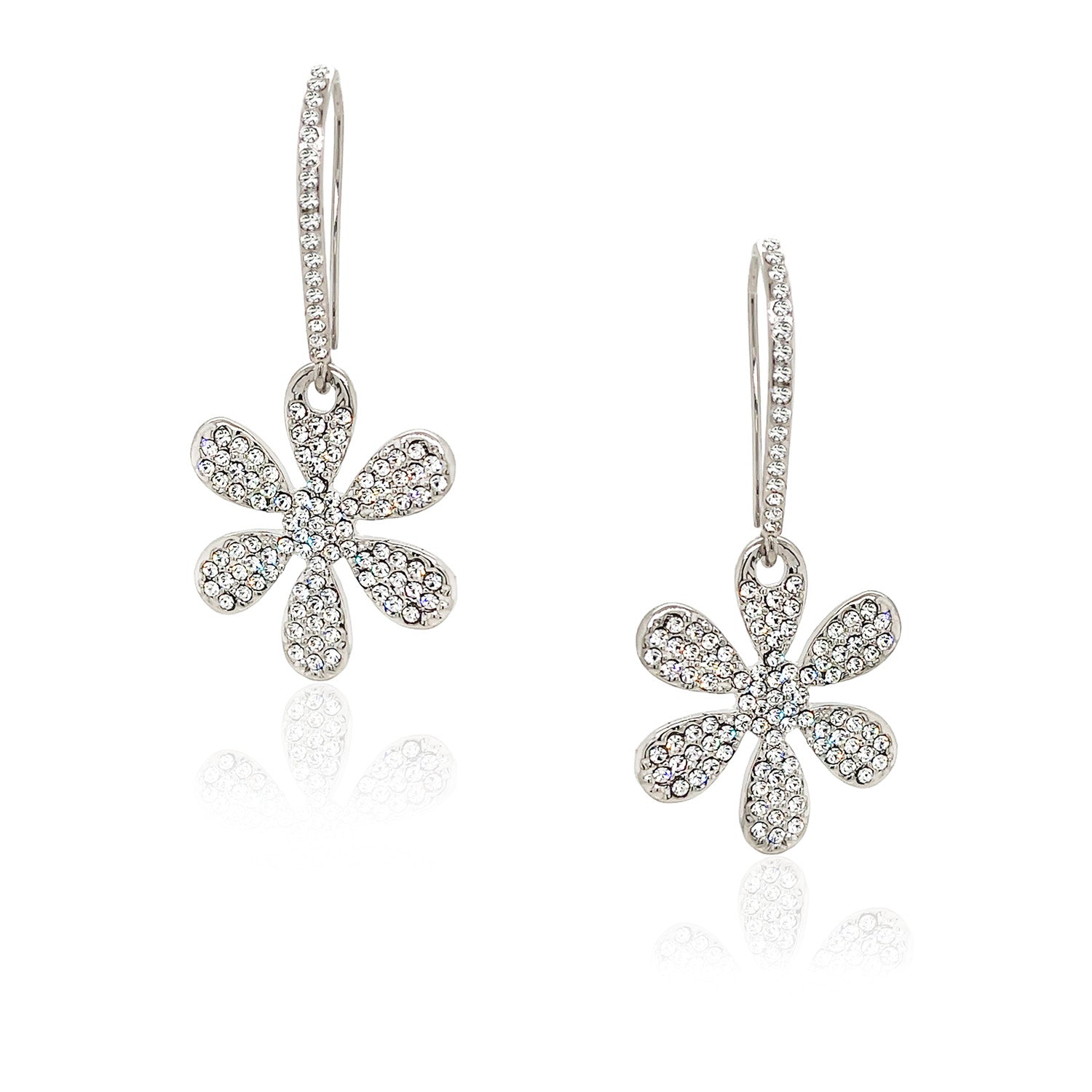 Pave CZ Mini Daisy Pierced Earrings  White Gold Plated 1.5" Length X 0.7" Width