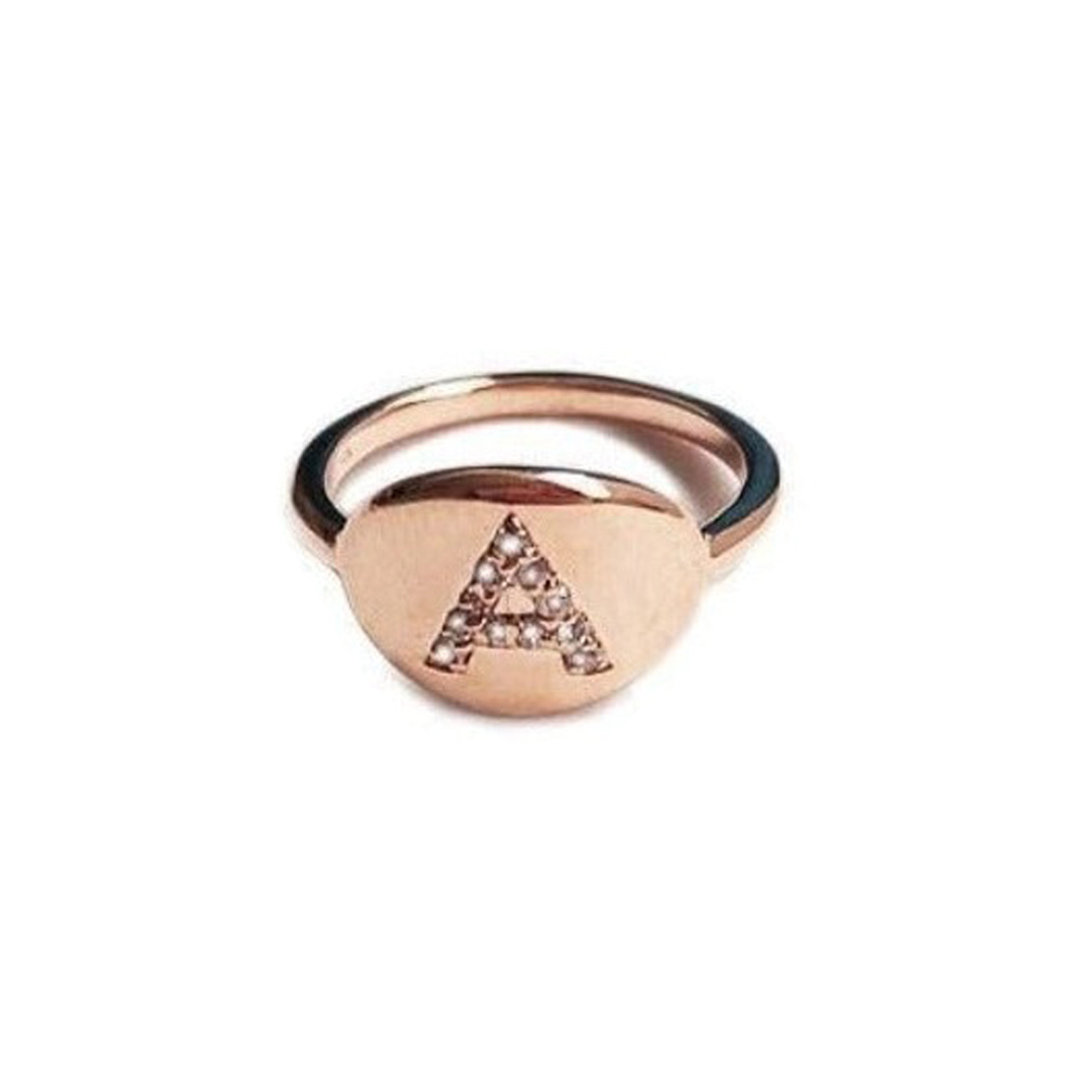 Diamond Initial Signet Pinky Ring 14K Rose Gold 0.12 Diamond Carat Weight Ring Size 3.5
