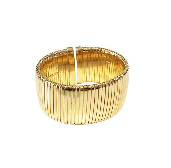 Wide Flat Cuff Bracelet Yellow Gold Plated Over Silver Oval Shape: 2.22” X 1.76” 1.30” Width 0.50-0.75” Flexible Opening As worn by Bevy Smith