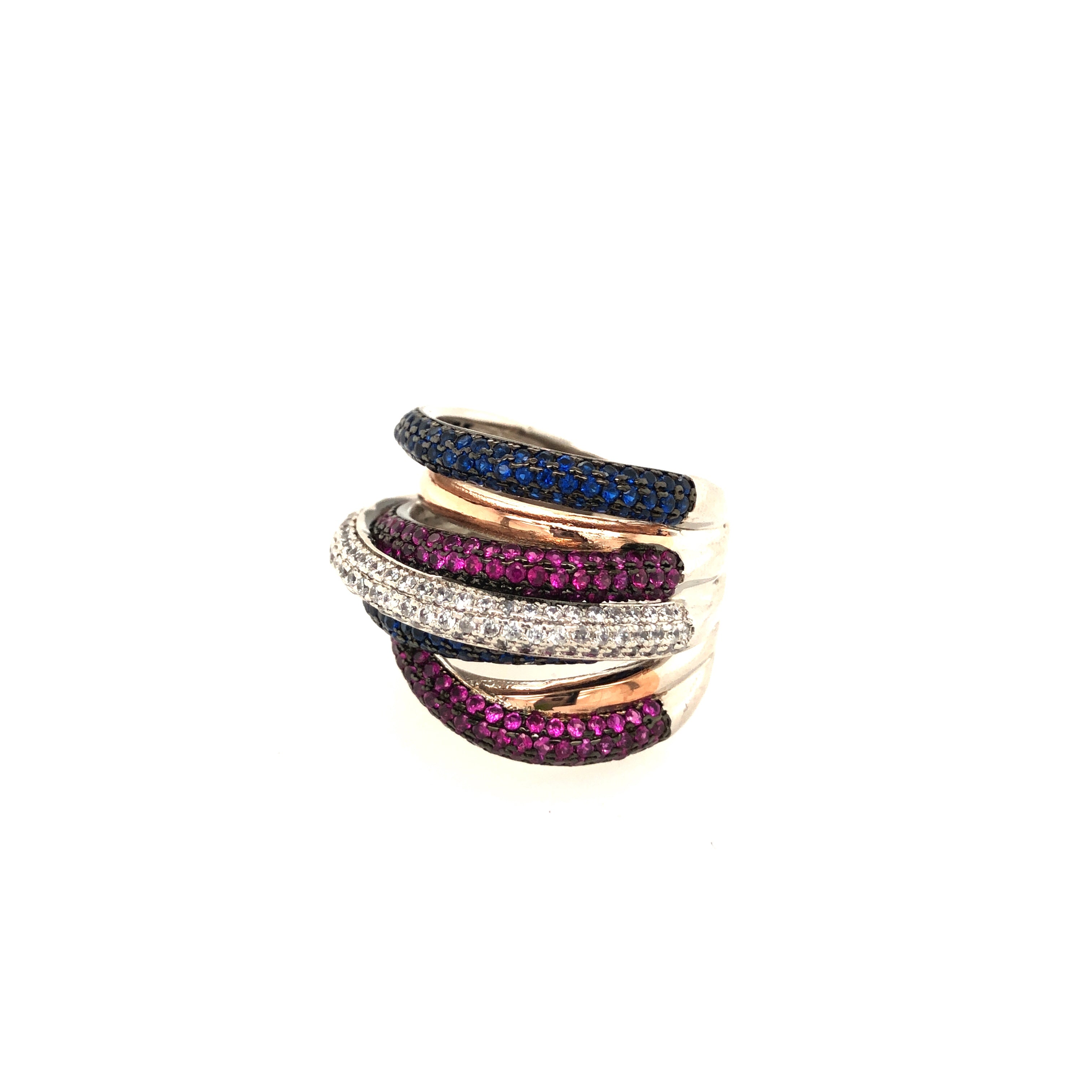 Sapphire CZ & Ruby CZ Multi Band Ring Get the look of layers with one ring! The deep blue and vibrant fuchsia CZ bands wrapped around the more classic White CZ and Yellow Gold and Rose Gold Bands blend trendy with a classic. Yellow & Rose Gold Plated Pave Set Cubic Zirconia 0.08" high