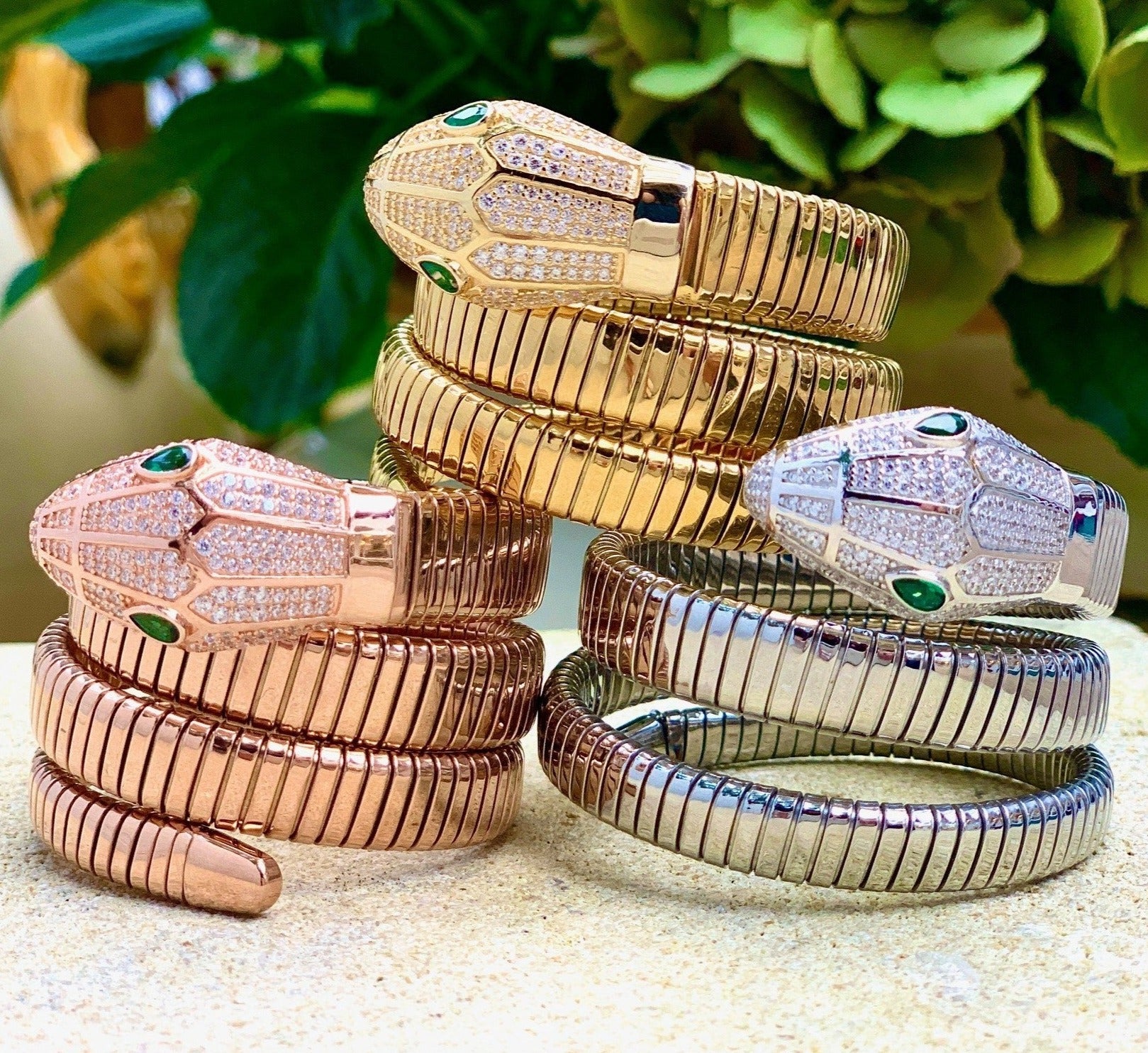 Pave Snake Green Eyes Twist Flex Bracelet Yellow Gold Plated 1.45" Diameter 1.40" Wide