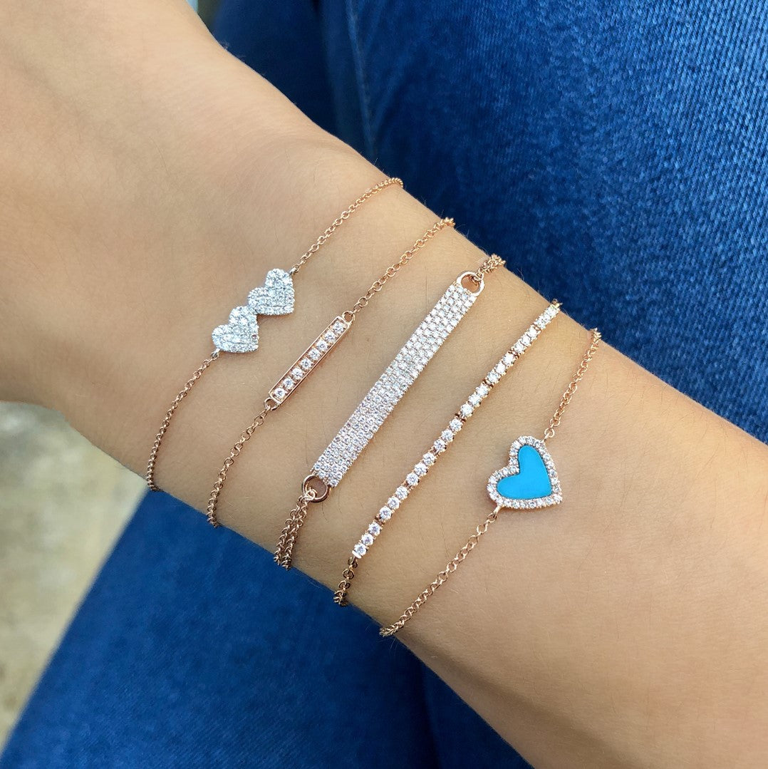 Pave Diamond & Turquoise Heart Chain Bracelet 14K Rose Gold 0.06 Diamond Carat Weight 0.13 Turquoise Carat Wight Heart: 0.38" Width Chain: 6-7" Length