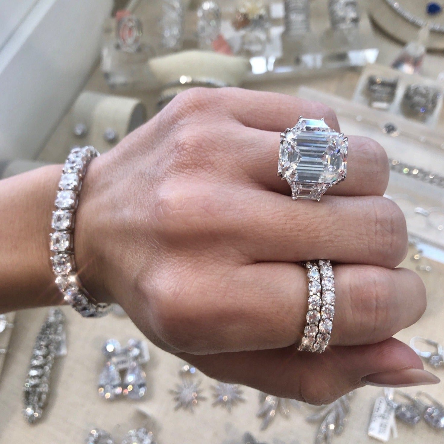 Emerald Cut CZ Cut With Trapezoids Ring White Gold Plated Over Silver