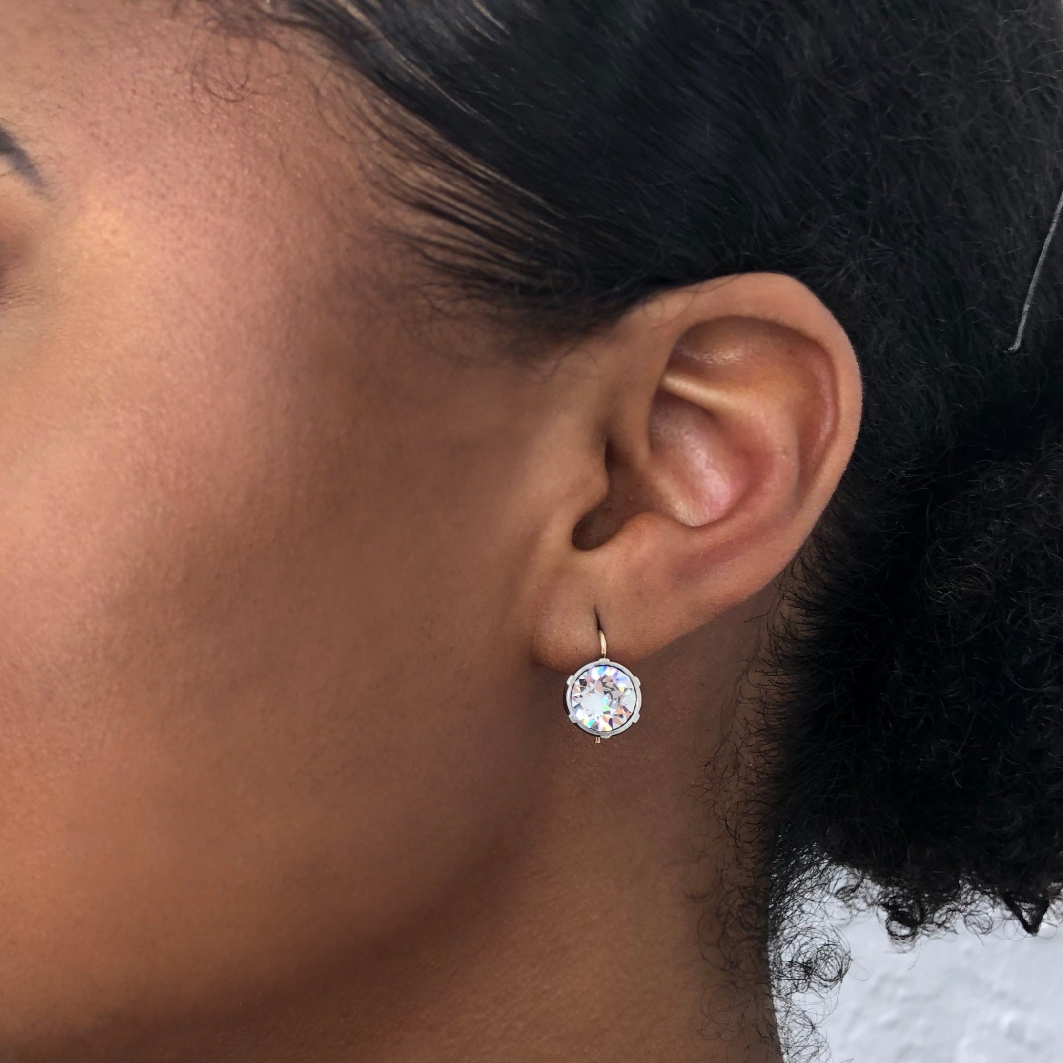 Large Faux Diamond Two Tone Antique Earrings 14K Yellow Gold & Antique Silver 0.5" Diameter