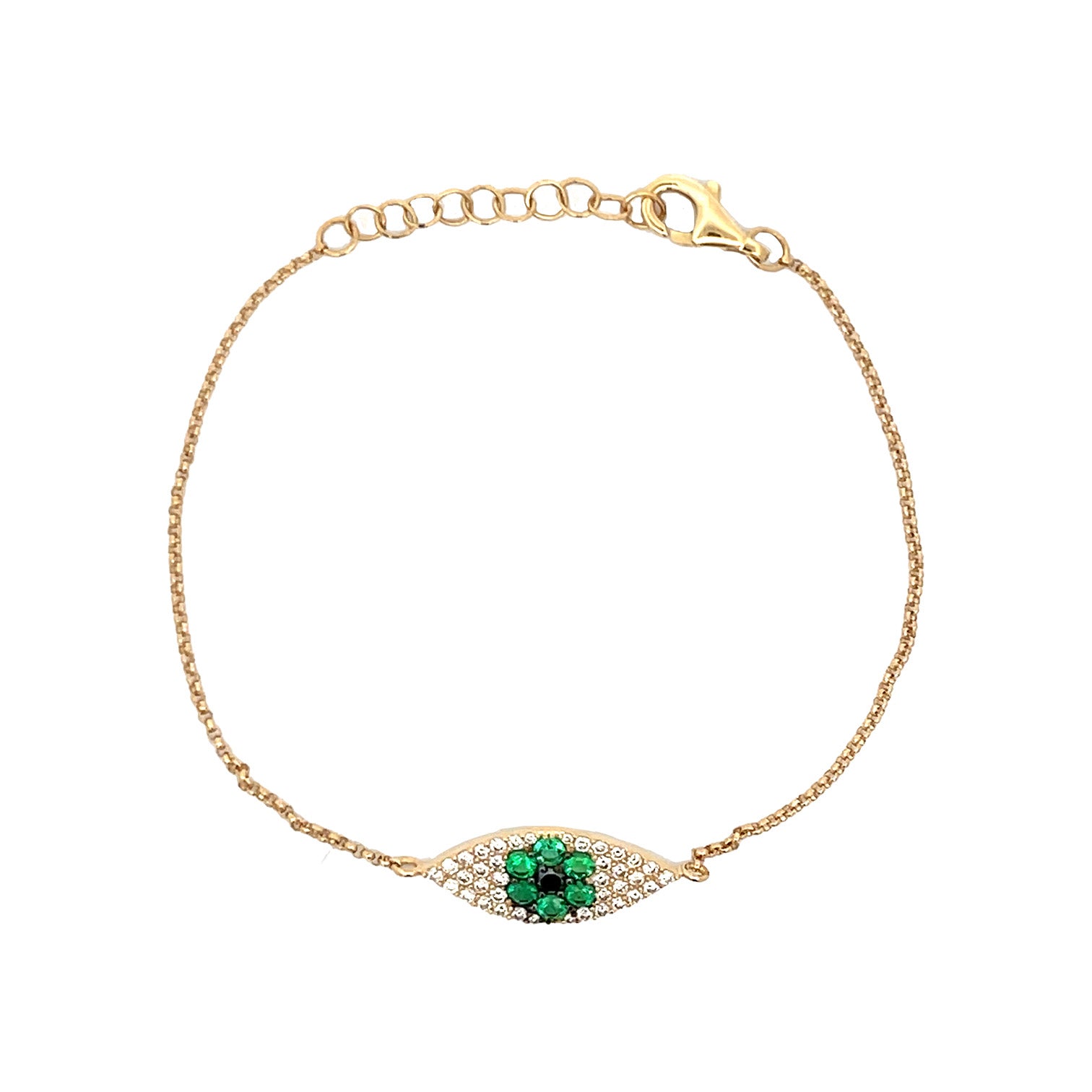 Blue Sapphire & Diamond Eye Bracelet 14K Yellow Gold 0.24 Emerald Carat Weight 0.77 Black & White Diamond Carat Weight Eye: 0.25" Long X 0.66" Wide 6-7" Adjustable Length