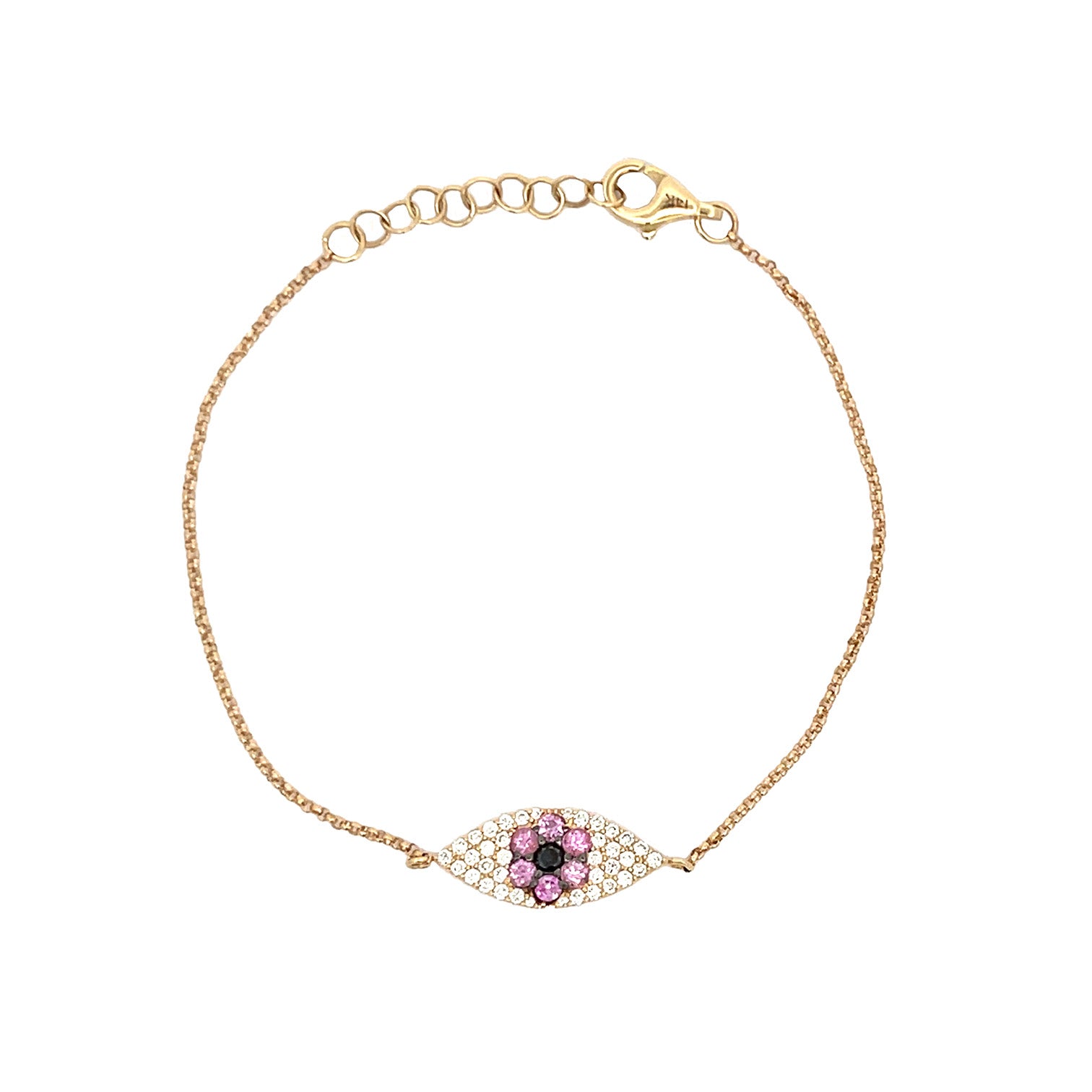 Pink Sapphire & Diamond Evil Eye Bracelet 14K Yellow Gold 0.37 Pink Sapphire Carat Weight 0.26 Diamond Carat Weight Eye: 0.25" Long X 0.66" Wide 6-7" Adjustable Length