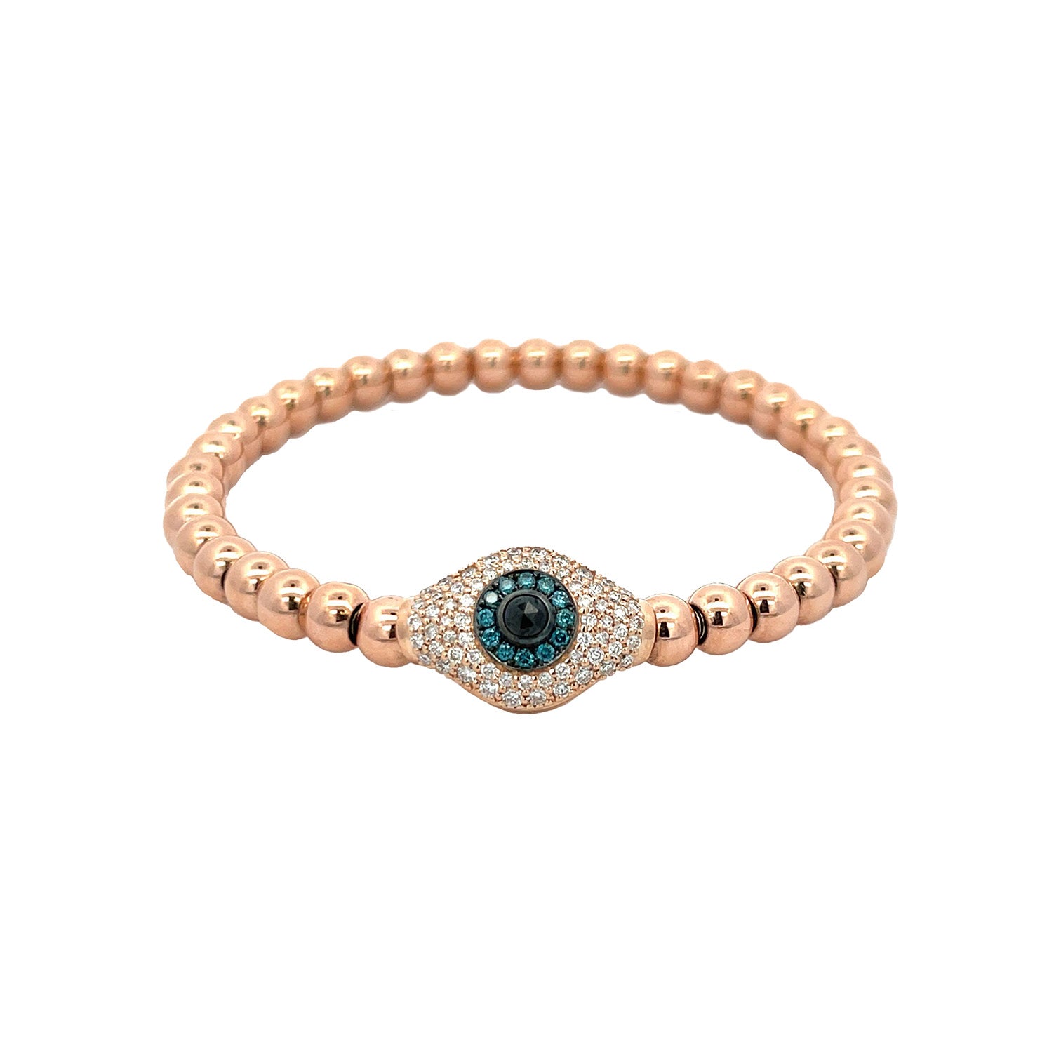 White & Blue Diamond Evil Eye Beaded Stretch Bracelet 14K Rose Gold 0.59 Diamond Carat Weight Eye: 0.44" Length X 0.65" Width
