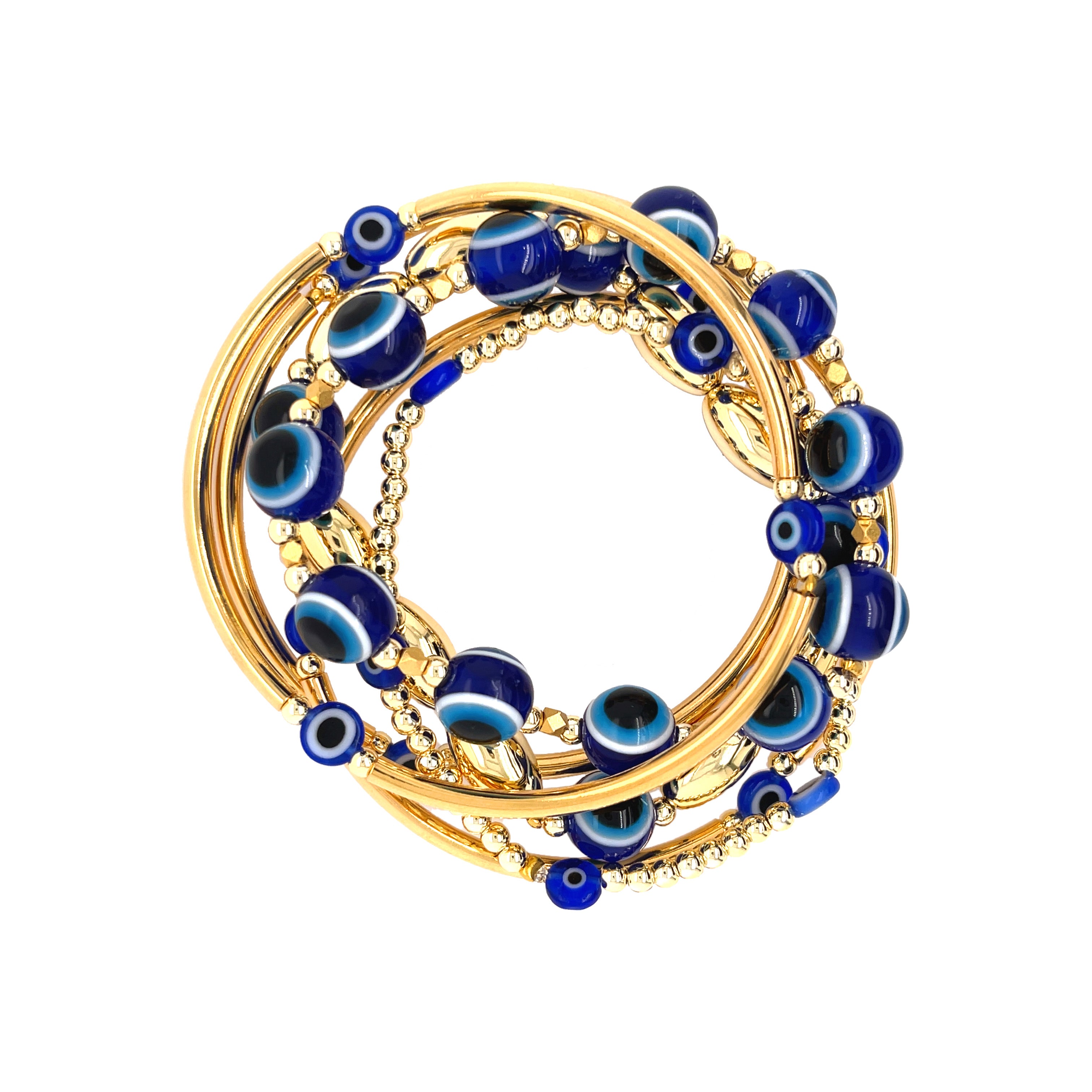 Yellow Gold Plated 6 Strand Evil Eye Stretch Bracelets Yellow Gold Plated Elastic Stretch Bracelets Set of 6