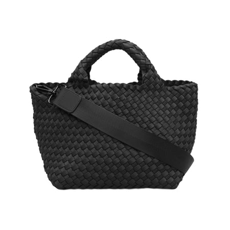 Black Mini Woven Tote With Rolled Handles  7.75" Height X 14.5" Length X 6.75" Depth Pouch Included Removable Crossbody Strap Included