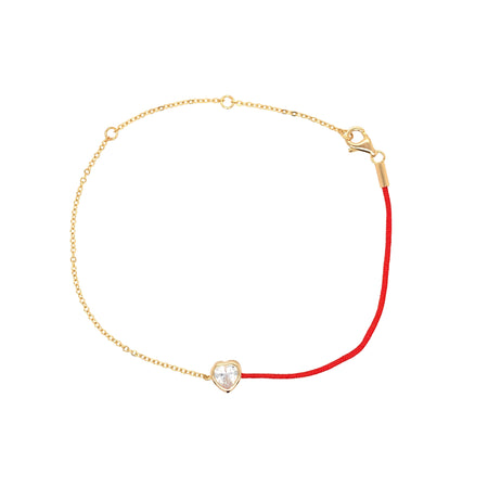 Yellow Gold Over Silver Heart Shaped CZ on Half Chain Half Red Cord Bracelet  Yellow Gold Plated Over Silver Heart: 0.24" Diameter Chain: 6-8" Length Bezel Set Heart Shaped CZ