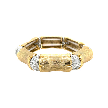 Gold Bamboo Stretch Bracelet with Sparkly Spacers  Yellow Gold Plated Cubic Zirconia 0.55" Width Elastic Bangle