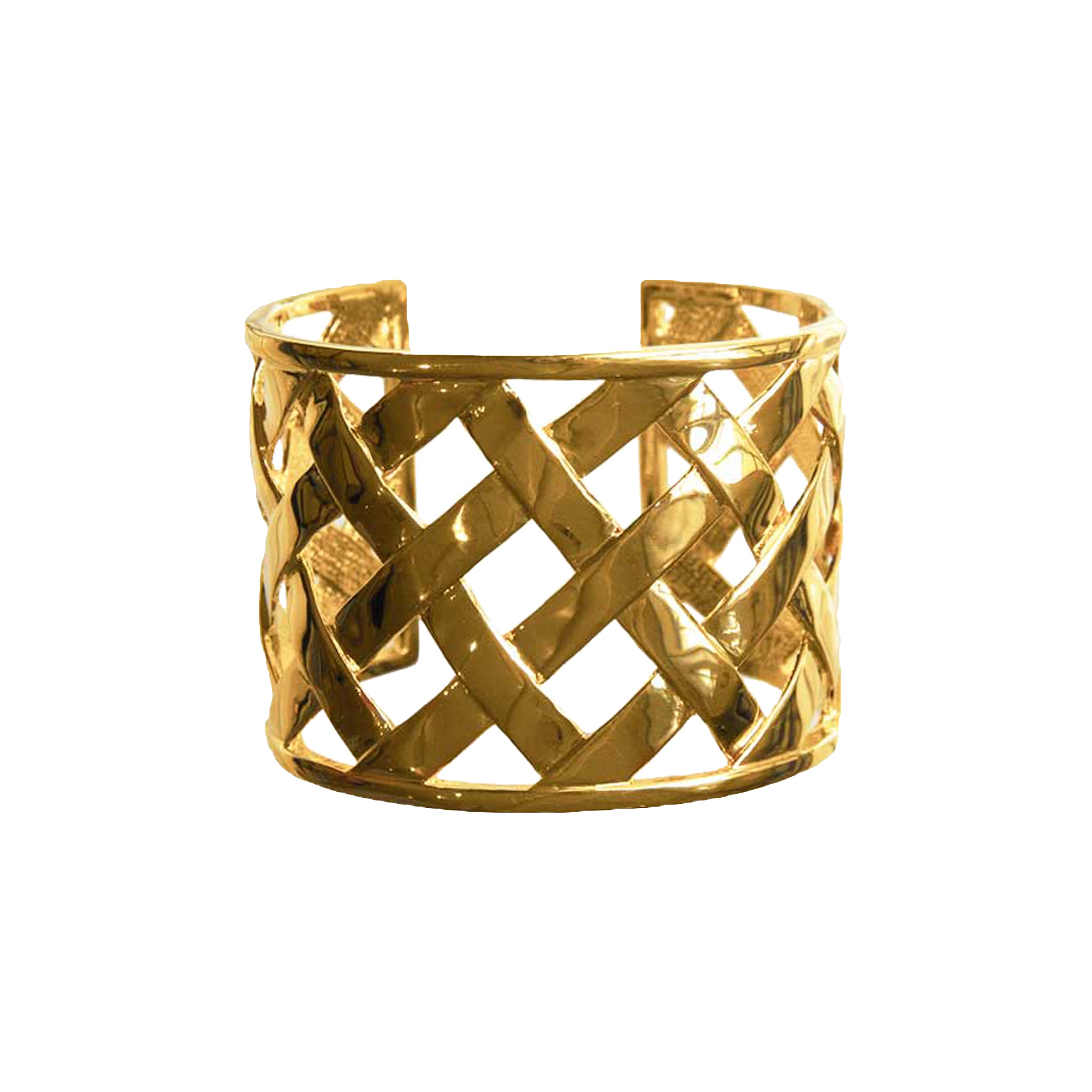 Polished Basket Weave Cuff Bracelet Yellow Gold Plated Oval Shape: 2.24" X 1.92" 1.81" Width Open Cuff