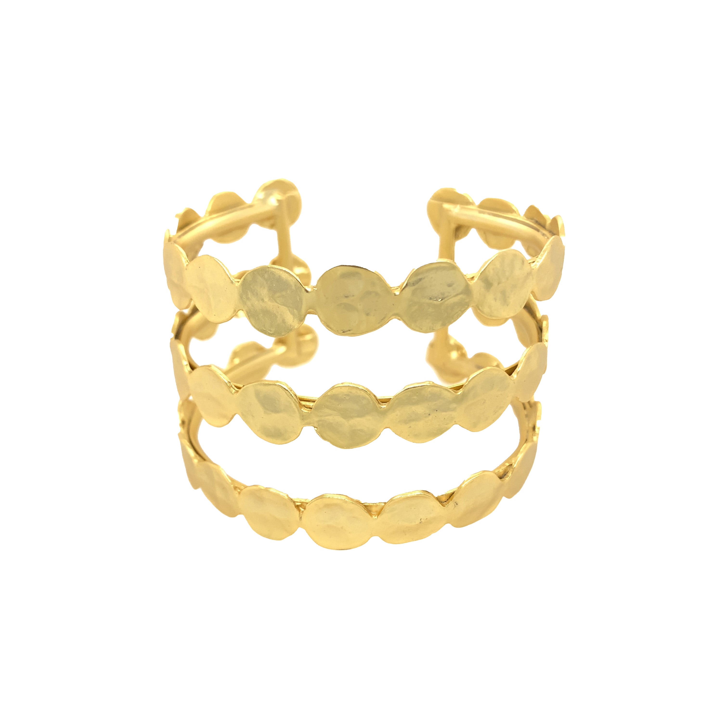 Yellow Gold Plated Open 3 Band Disc Cuff Bracelet Yellow Gold Plated Over Silver Oval Shape: 2.39” X 1.95” 1.69” Width 1.0-1.5” Opening Slightly Adjustable