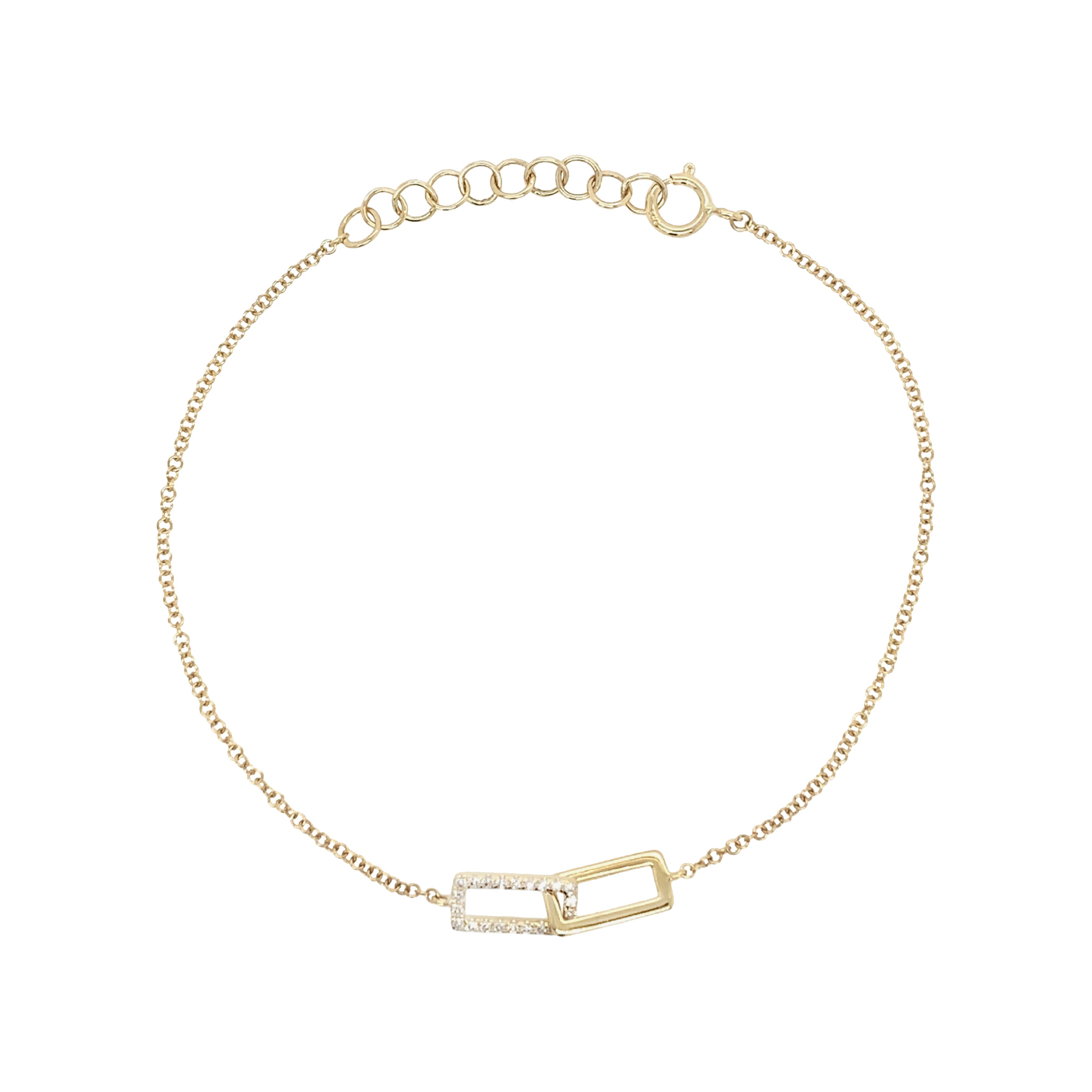 Yellow Gold Diamond Interlocking Rectangle Bracelets 14K Yellow Gold 0.07 Diamond Carat Weight Chain: 6.5-7.0" Length Rectangles: 0.65" Wide X 0.18" High