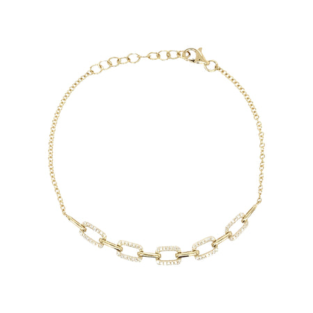 14K Gold Pave Diamond Rectangle Link Chain Bracelet  14K Yellow Gold 0.19 Diamond Carat Weight Diamond Link Design: 2.20" Long Chain: 6-7" Long X 0.17" Thick