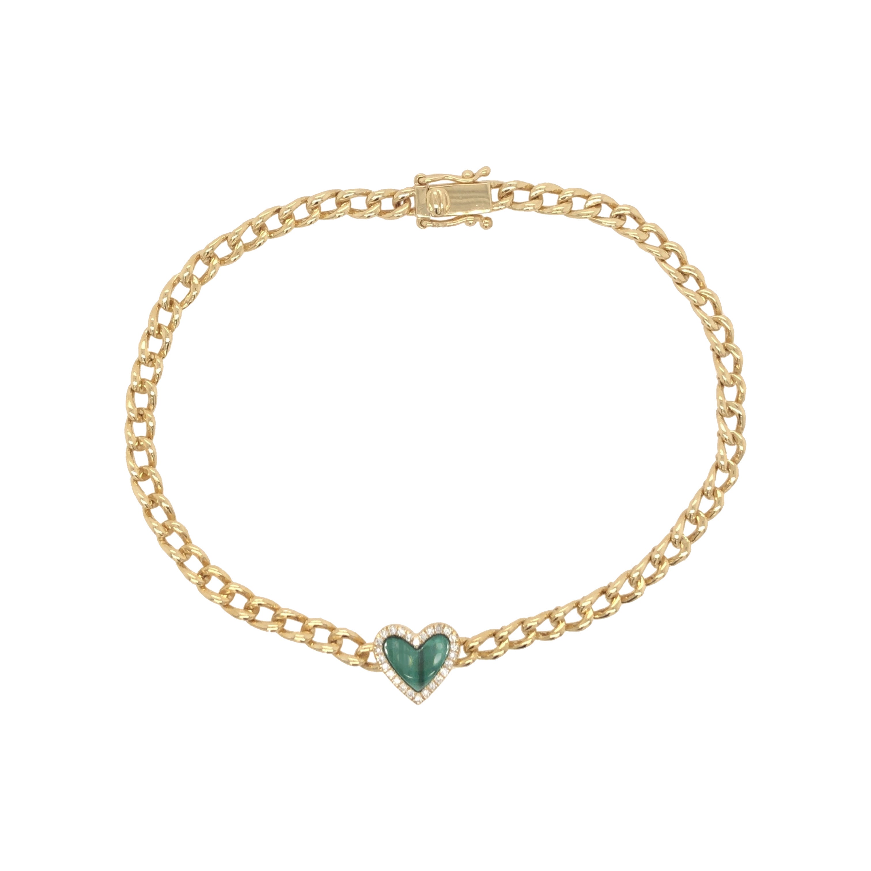 Malachite & Diamond Heart Chain Bracelet 14K Yellow Gold 0.06 Diamond Carat Weight 0.46 Malachite Carat Weight Heart: 0.3" Width