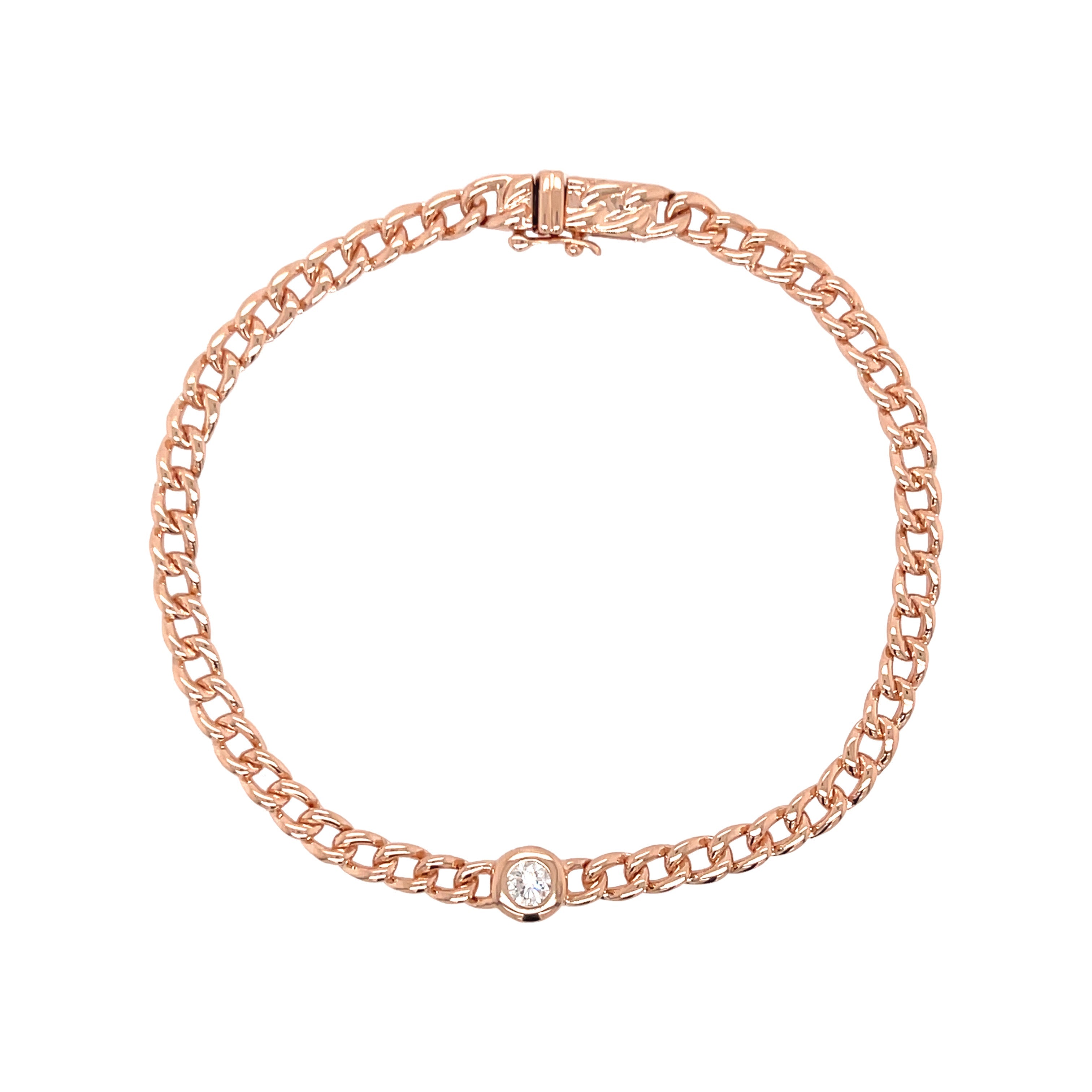 Bezel Set Diamond on Curb Chain Link Bracelet 14K Rose Gold 0.17 Diamond Carat Weight Bezel: 0.22" in Diameter Chain: 0.14" Wide