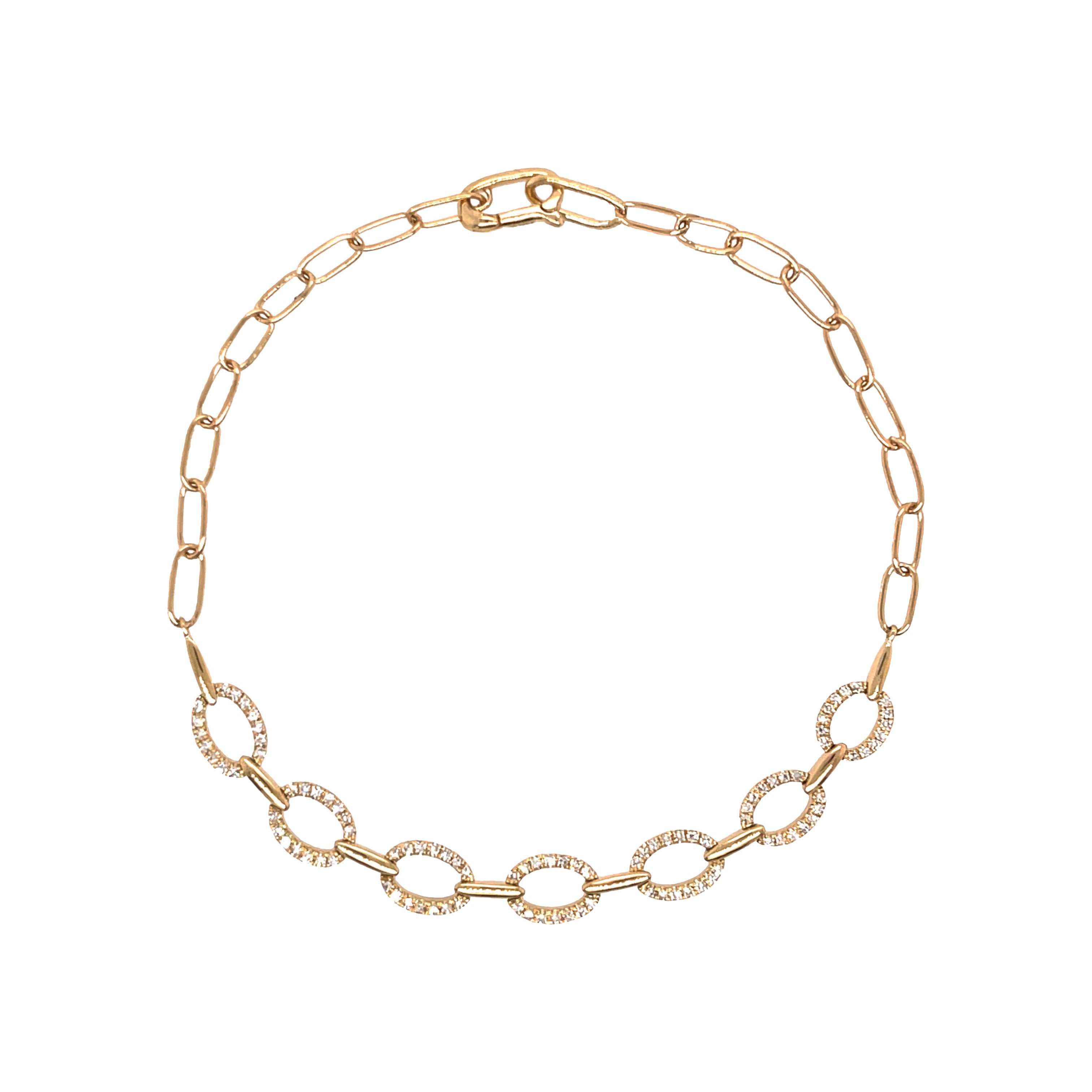 Pave Diamond Oval Link Bracelet on Paperclip Chain 14K Yellow Gold 6.75" Chain Length 0.22 Diamond Carat Weight Diamond Links: 0.20” High X 0.24" Wide