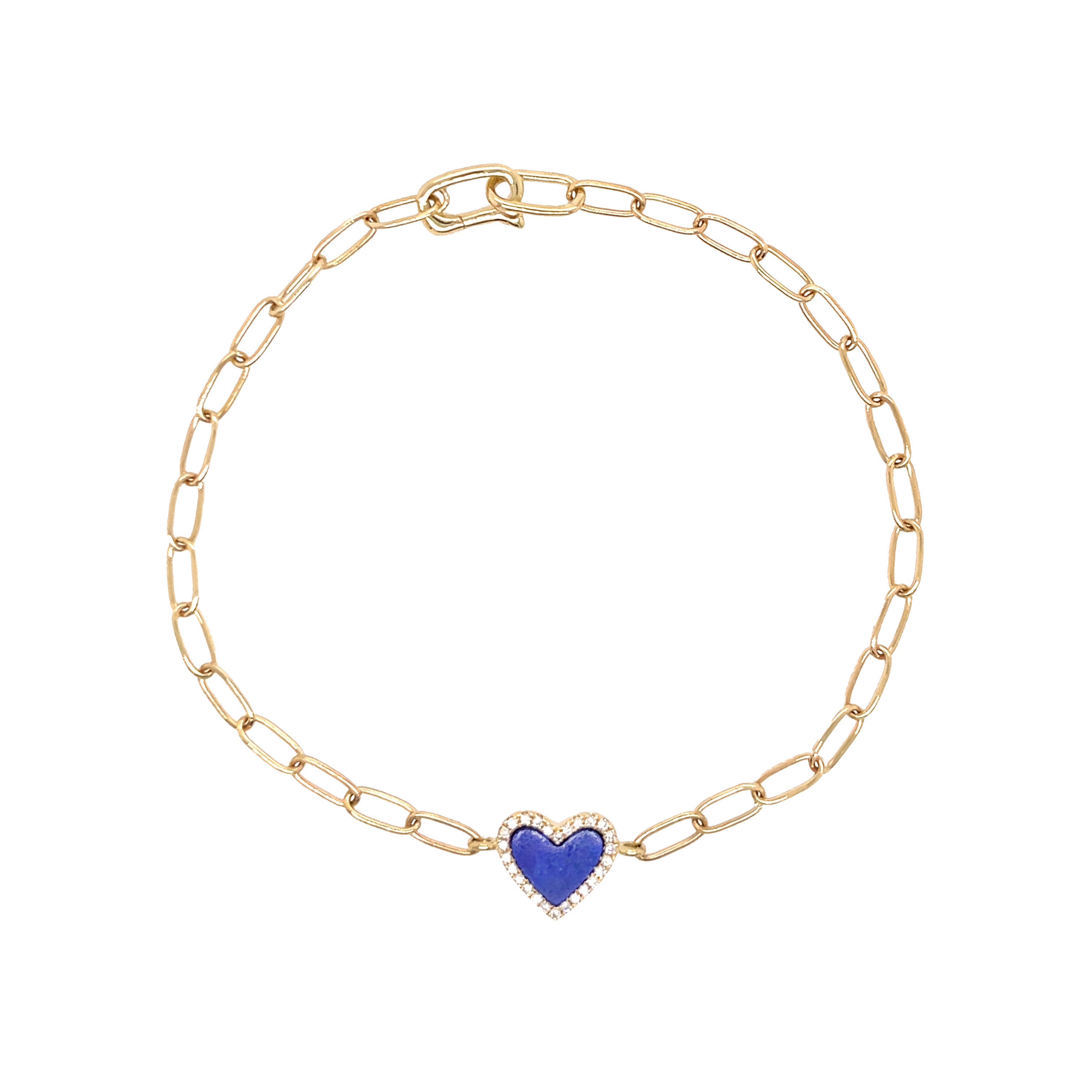 Yellow Gold Diamond & Lapis Heart Bracelet on a Paperclip Chain 14K Yellow Gold 0.06 Diamond Carat Weight 0.38 Lapis Carat Weight Chain: 6.5" Long Heart: 0.34" Diameter
