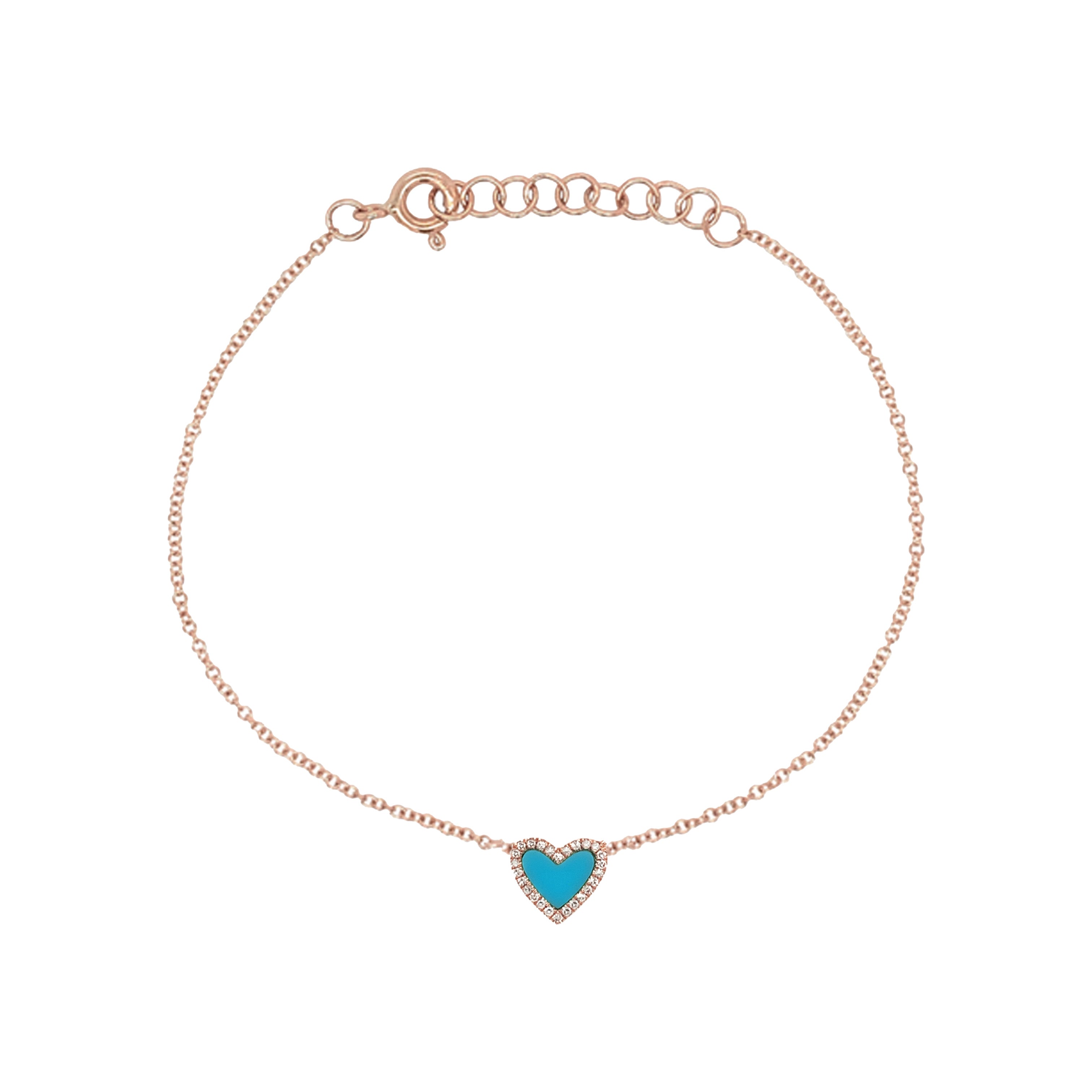 Pave Diamond & Turquoise Heart Chain Bracelet 14K Rose Gold 0.06 Diamond Carat Weight 0.13 Turquoise Carat Wight Heart: 0.38" Width Chain: 6-7" Length