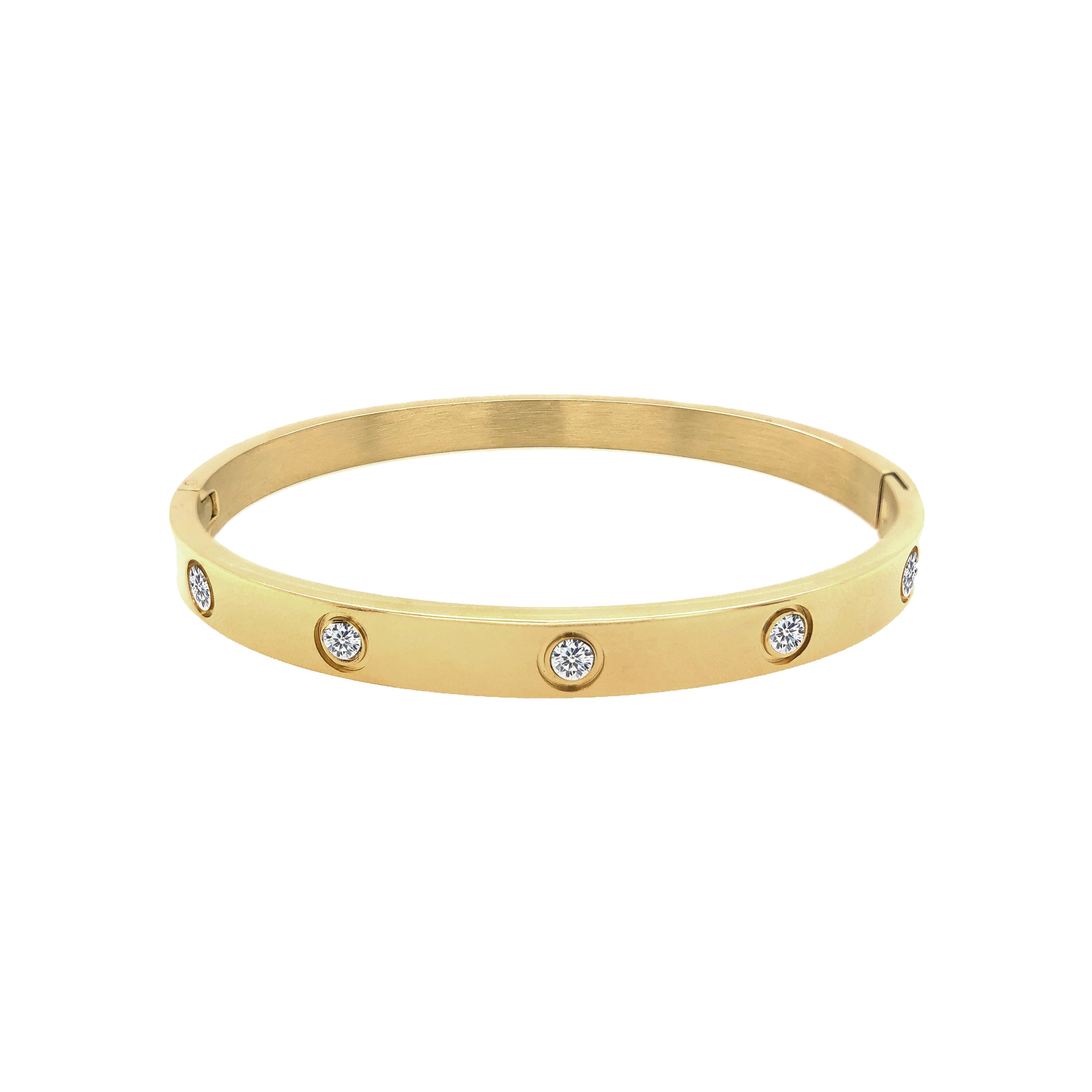 Crystal Eternity Bangle Bracelet Yellow Gold Plated Over Stainless Steel Cubic Zirconia Oval Shape: 1.95" X 2.35" 0.24" Width Hinge Closure