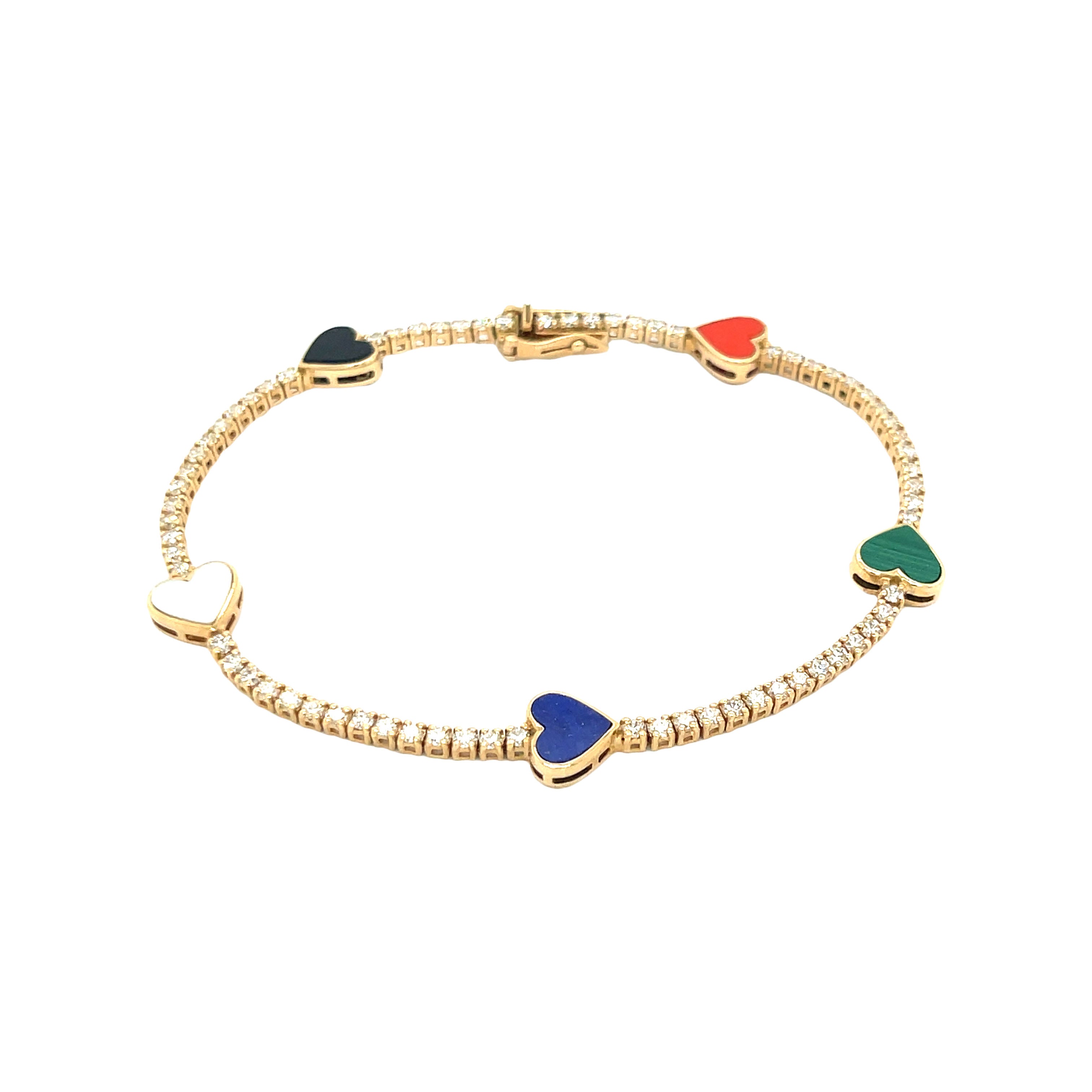 Diamond Tennis Bracelet with Black Onyx, Mother of Pearl, Lapis, Malachite & Coral Heart Stations 14K Yellow Gold 1.75 Diamond Carat Weight 2.00 Total Precious Stone Carat Weight Chain: 7.0" Length Hearts: 0.25" Diameter