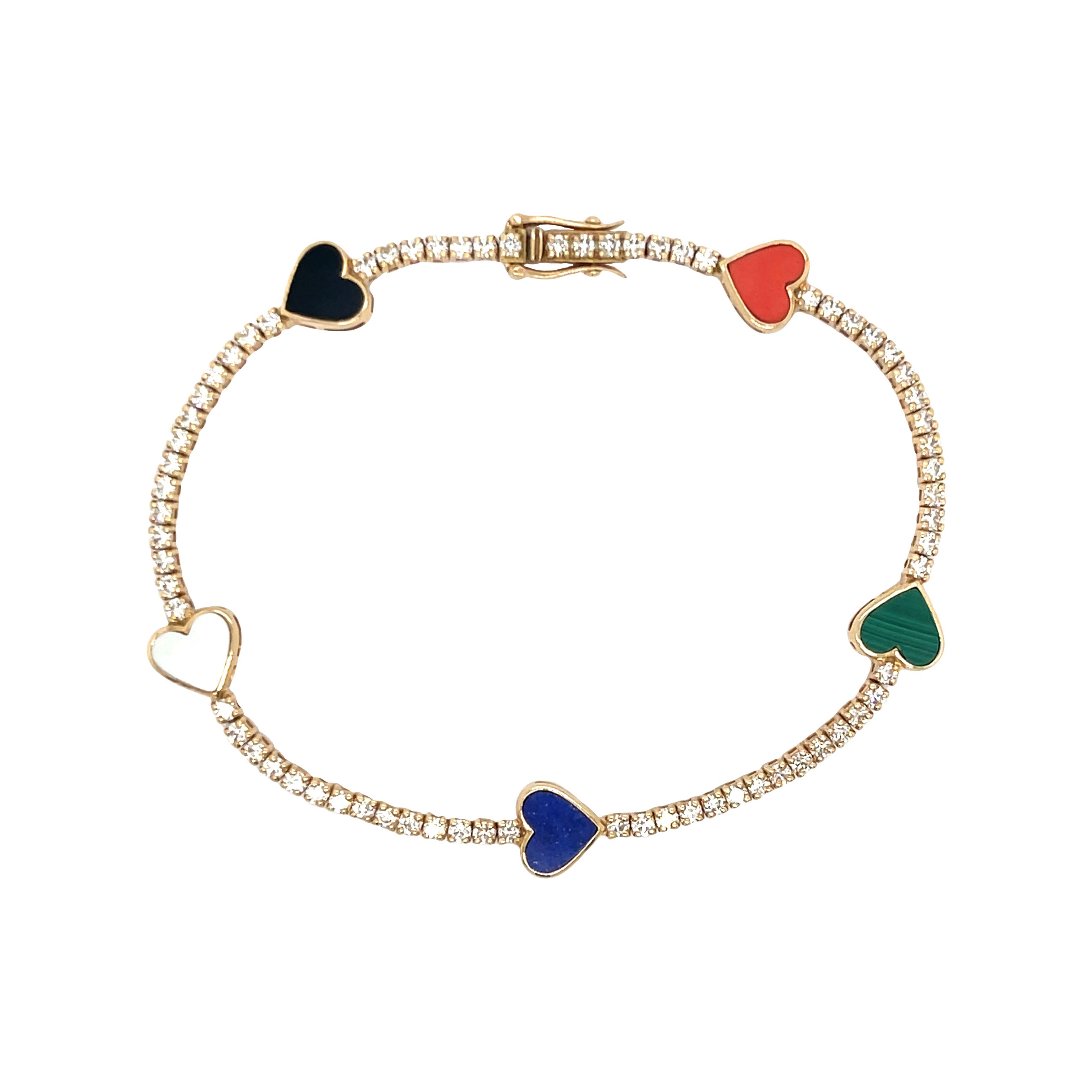 Diamond Tennis Bracelet with Black Onyx, Mother of Pearl, Lapis, Malachite & Coral Heart Stations 14K Yellow Gold 1.75 Diamond Carat Weight 2.00 Total Precious Stone Carat Weight Chain: 7.0" Length Hearts: 0.25" Diameter