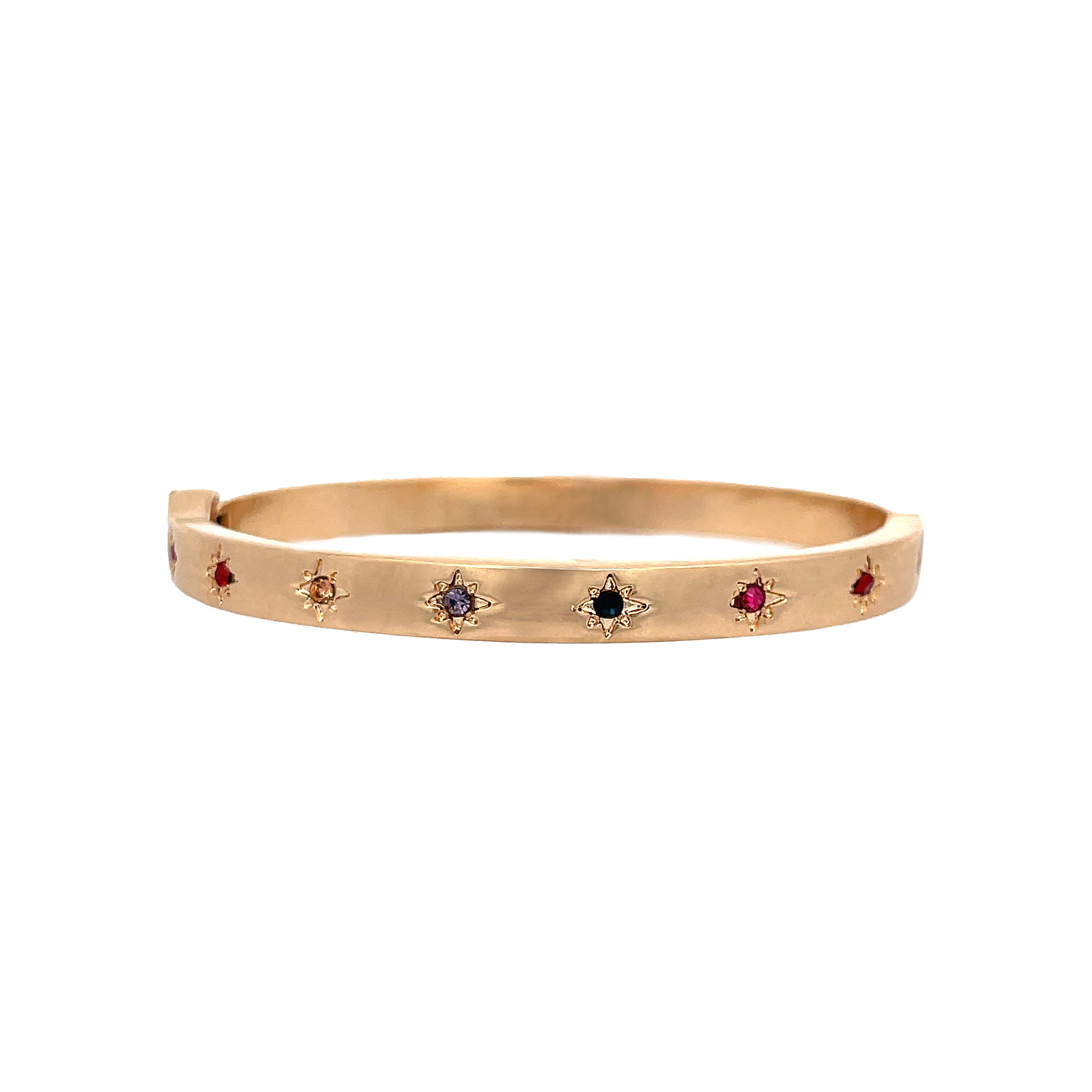 Multi Color Starburst Etched Bangle Bracelet Yellow Gold Plated Cubic Zirconia Oval Shape: 2.4" X 2.0" 0.2" Width Hinge Closure