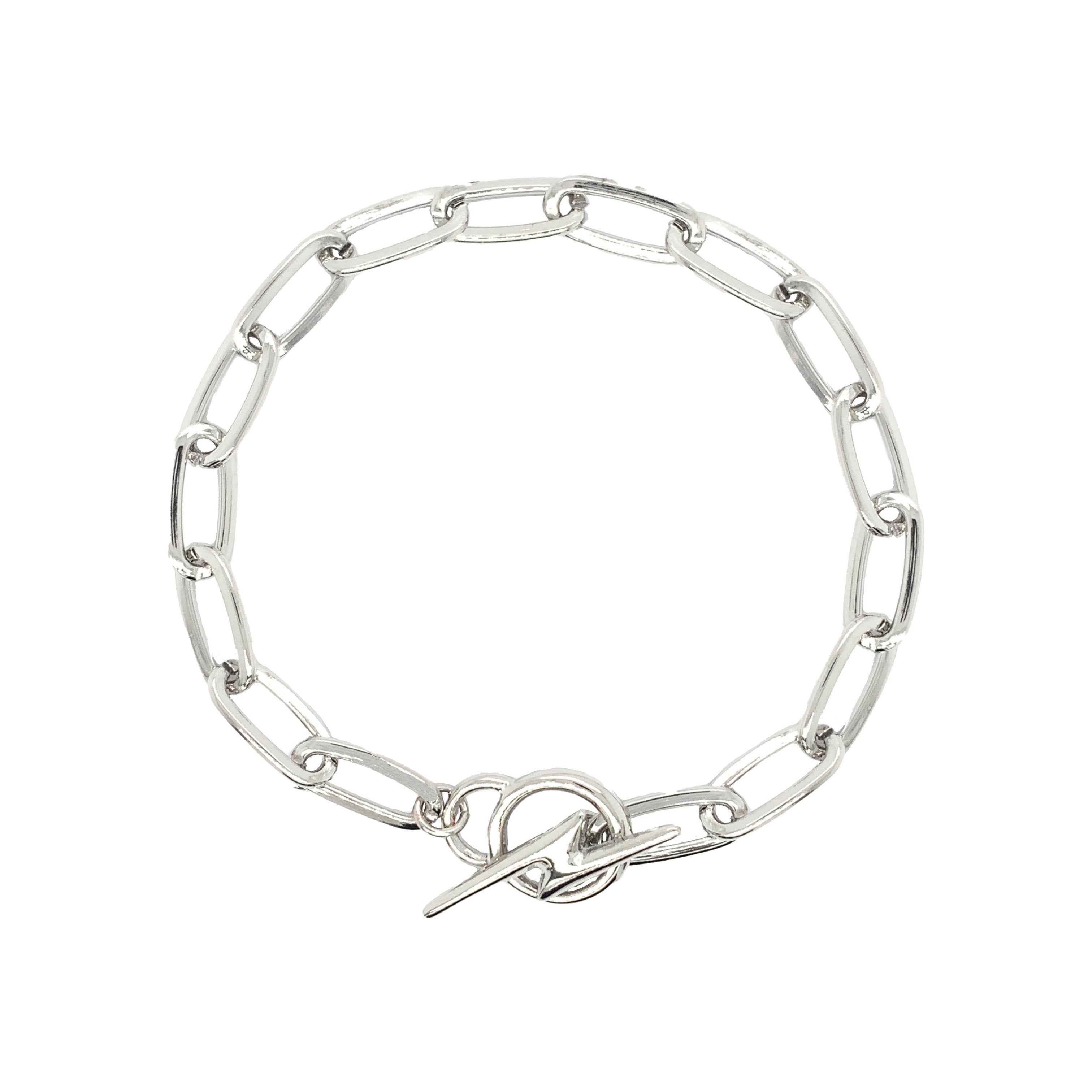 Oval Link Lightning Bolt Toggle Bracelet  White Gold Plated 7" Length