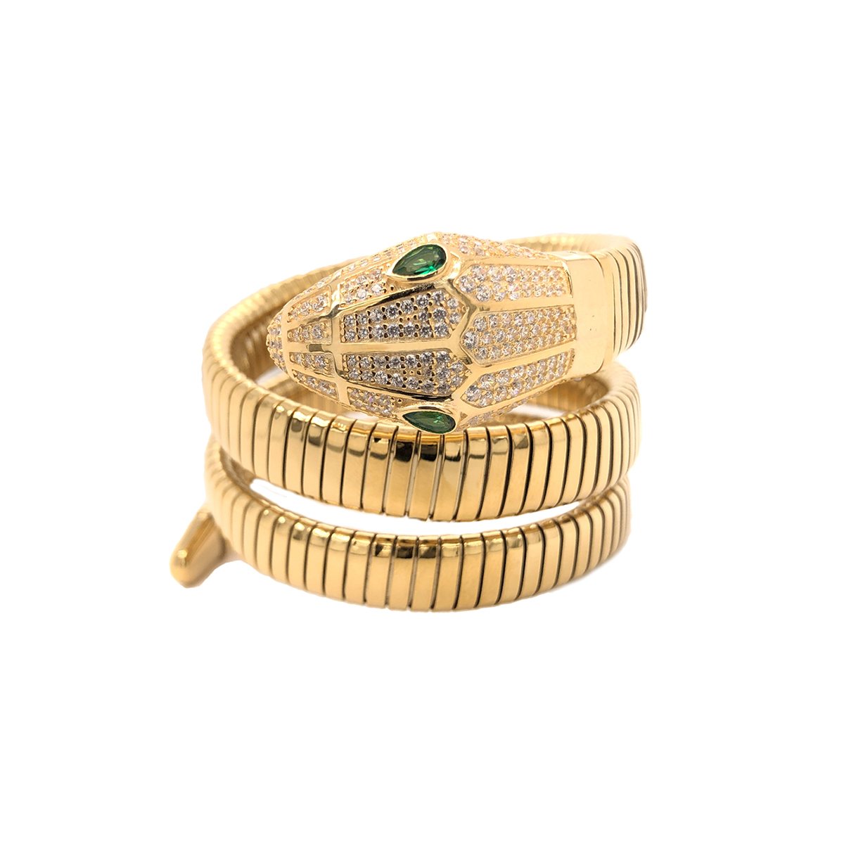 Pave Snake Green Eyes Twist Flex Bracelet Yellow Gold Plated 1.45" Diameter 1.40" Wide